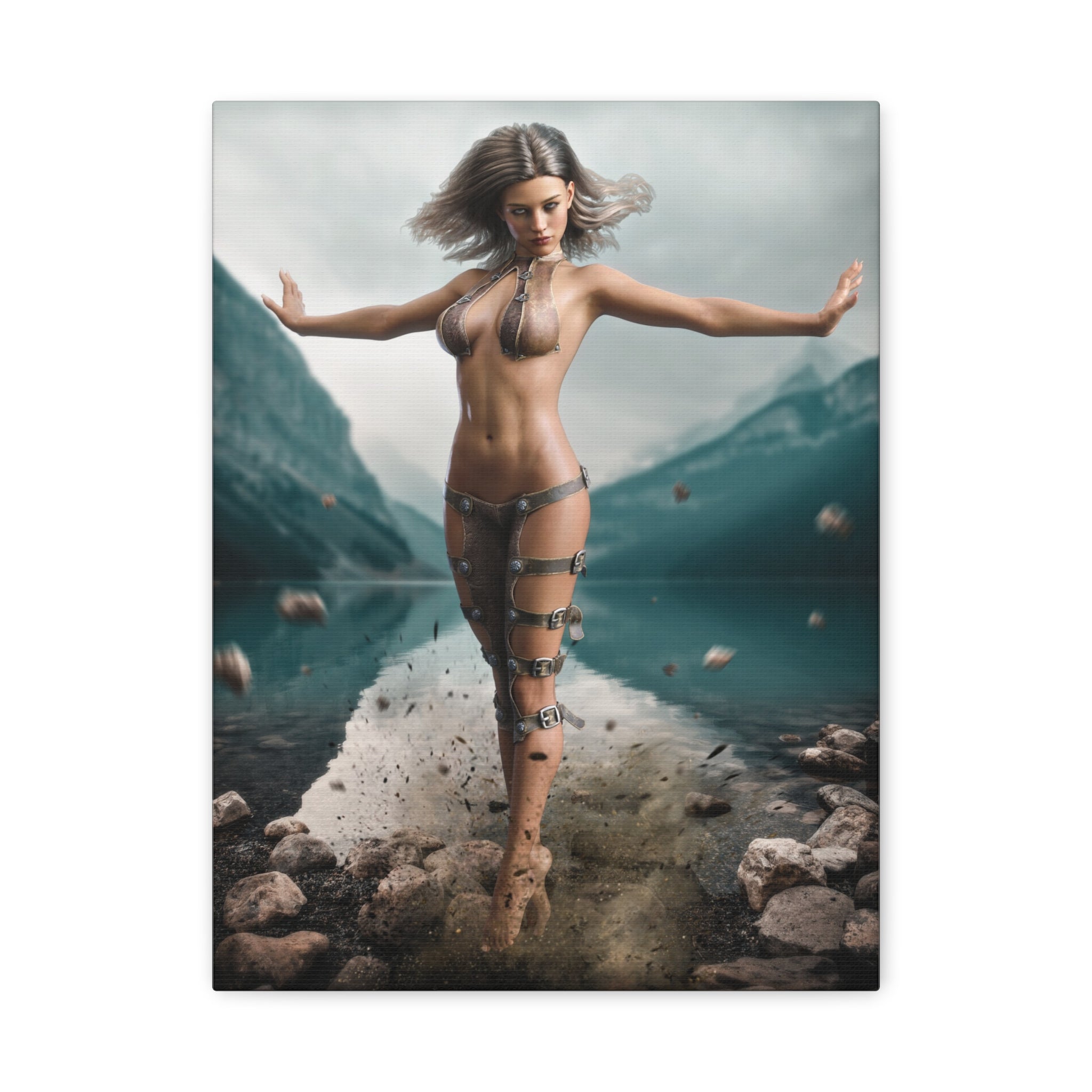 Fantasy sorceress walking across a mountain lake shoreline, surrounded by floating stones and magical energy, with dramatic scenery and arcane power.