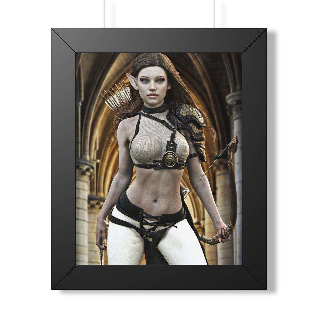 Fantasy wall art featuring a stunning female elf archer with ornate armor, a carved bow, and arrows, standing before majestic cathedral arches in a magical realm.