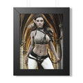 Fantasy wall art featuring a stunning female elf archer with ornate armor, a carved bow, and arrows, standing before majestic cathedral arches in a magical realm.