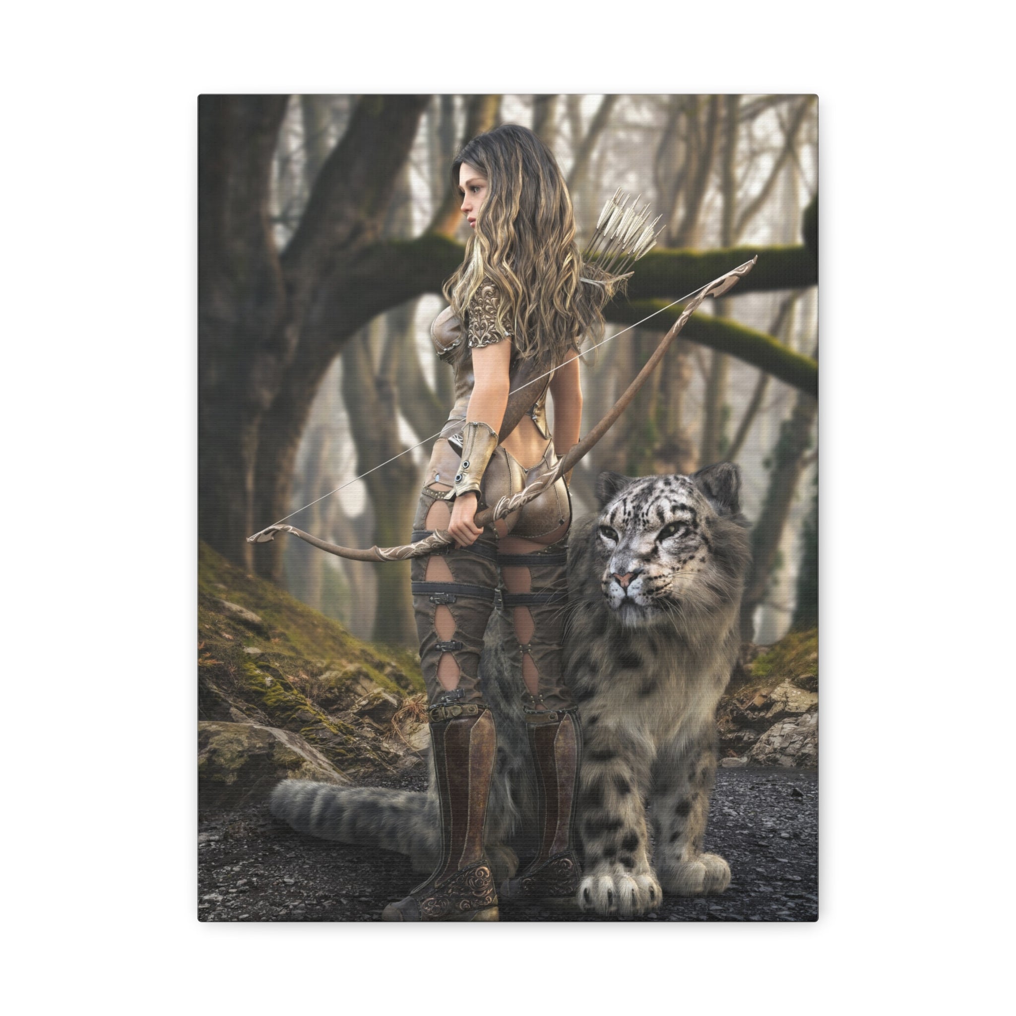 Fantasy woodland archer stands beside a majestic leopard in an enchanted forest, embodying courage, adventure, and the bond between guardian and beast.