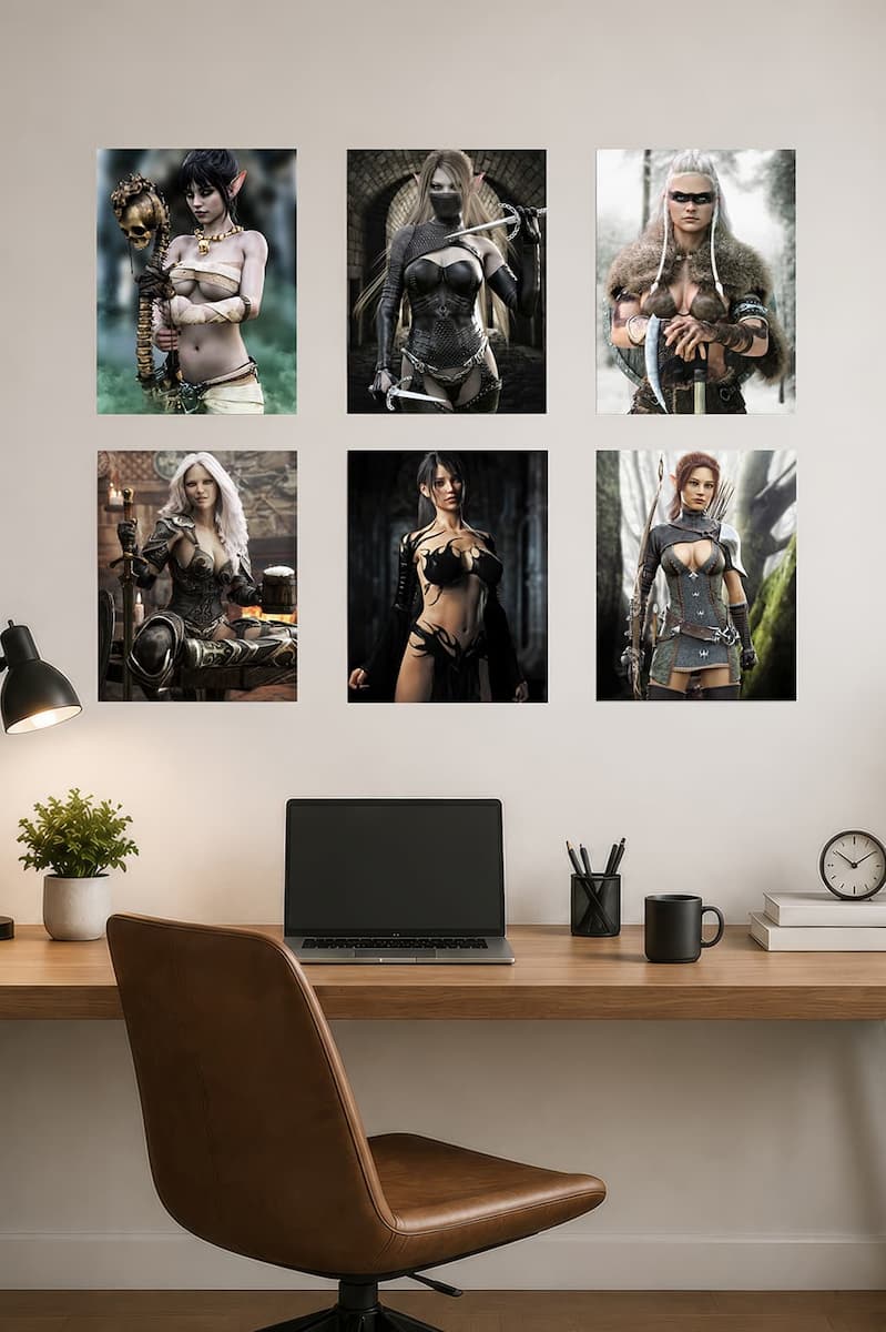 A modern home office featuring six premium fantasy metal prints arranged in a clean gallery wall above a wooden desk. The collection showcases detailed female fantasy characters including dark elves, rogues, Viking warriors, archers, and mystical heroines. Each high-definition metal print displays vibrant colors, rich contrast, and a sleek frameless finish, creating an eye-catching fantasy art display ideal for gaming rooms, offices, studios, and contemporary home décor.