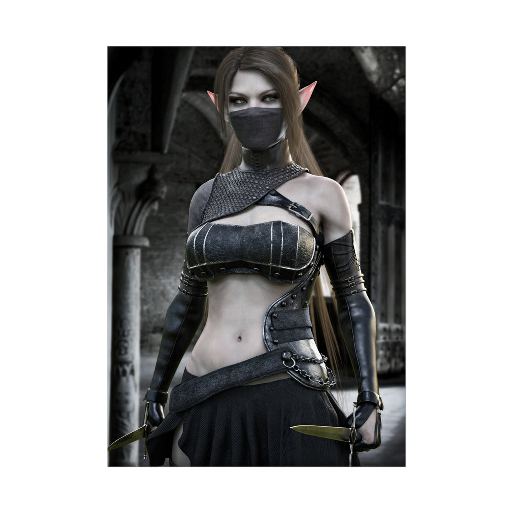 Fantasy wall art featuring a masked dark elf assassin with twin daggers, sleek armor, and piercing eyes in a shadowy medieval fortress setting.
