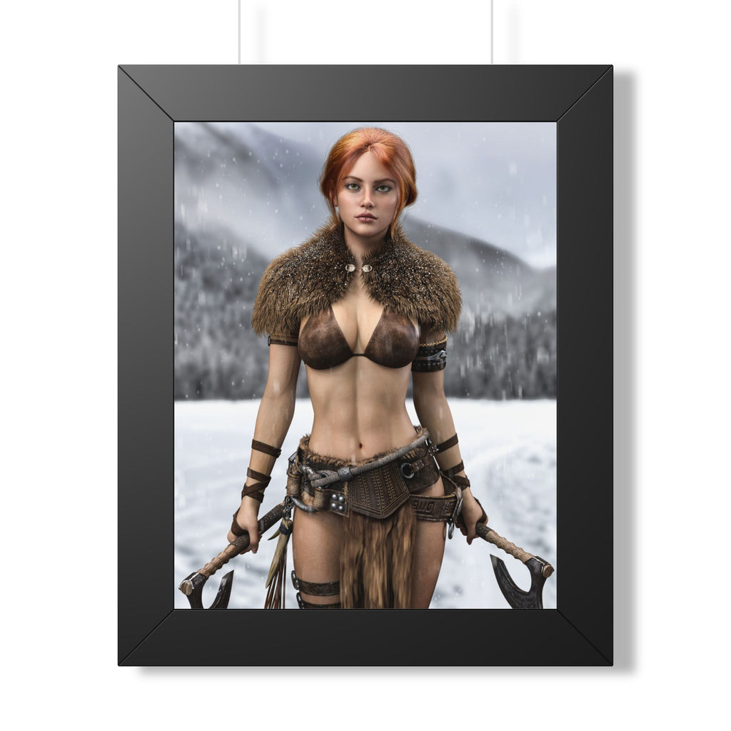 Fantasy wall art featuring a red-haired Viking warrior holding twin axes, standing in a snowy landscape with fur armor and a fierce gaze.