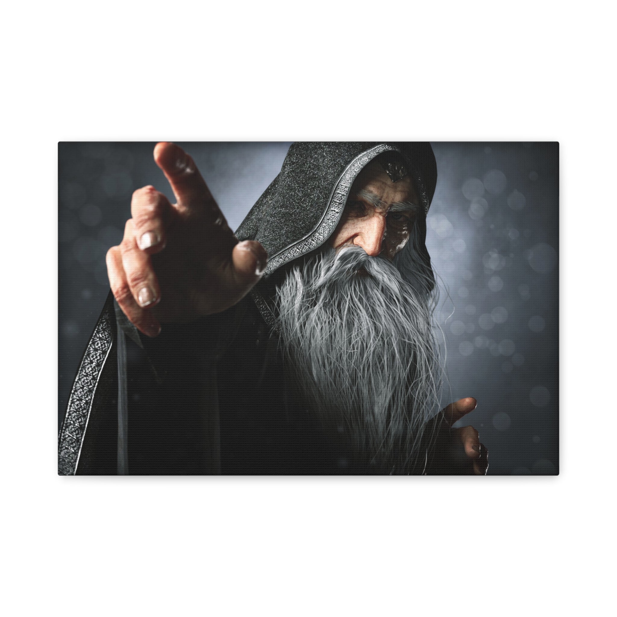 Fantasy wizard wall art featuring an ancient hooded sorcerer with a flowing silver beard, reaching forward as if casting a powerful spell from the shadows.