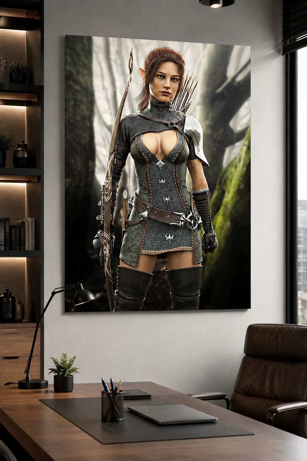 Female wood elf ranger wall art featuring a skilled archer in ornate armor, standing in a misty forest with bow, arrows, and a determined gaze.