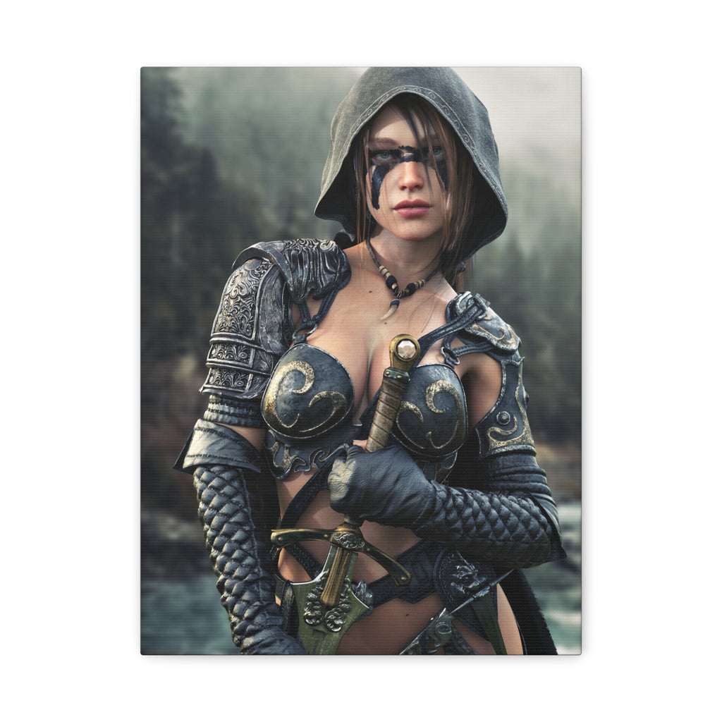 Fantasy ranger wall art featuring a hooded female warrior with face paint, ornate armor, and sword against a misty forest backdrop for fantasy decor.