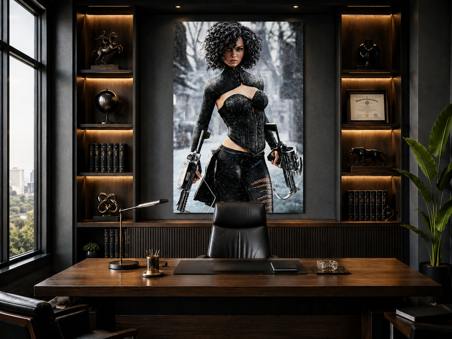 Fantasy female hunter in a snowy forest wielding futuristic crossbows, dressed in elegant black armor with falling snow and icy scenery.