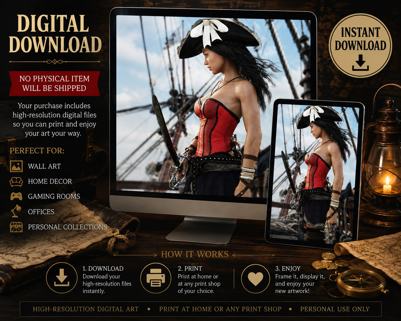 Female pirate captain digital art featuring a sword-wielding fantasy pirate woman in a red corset and pirate hat aboard a sailing ship.