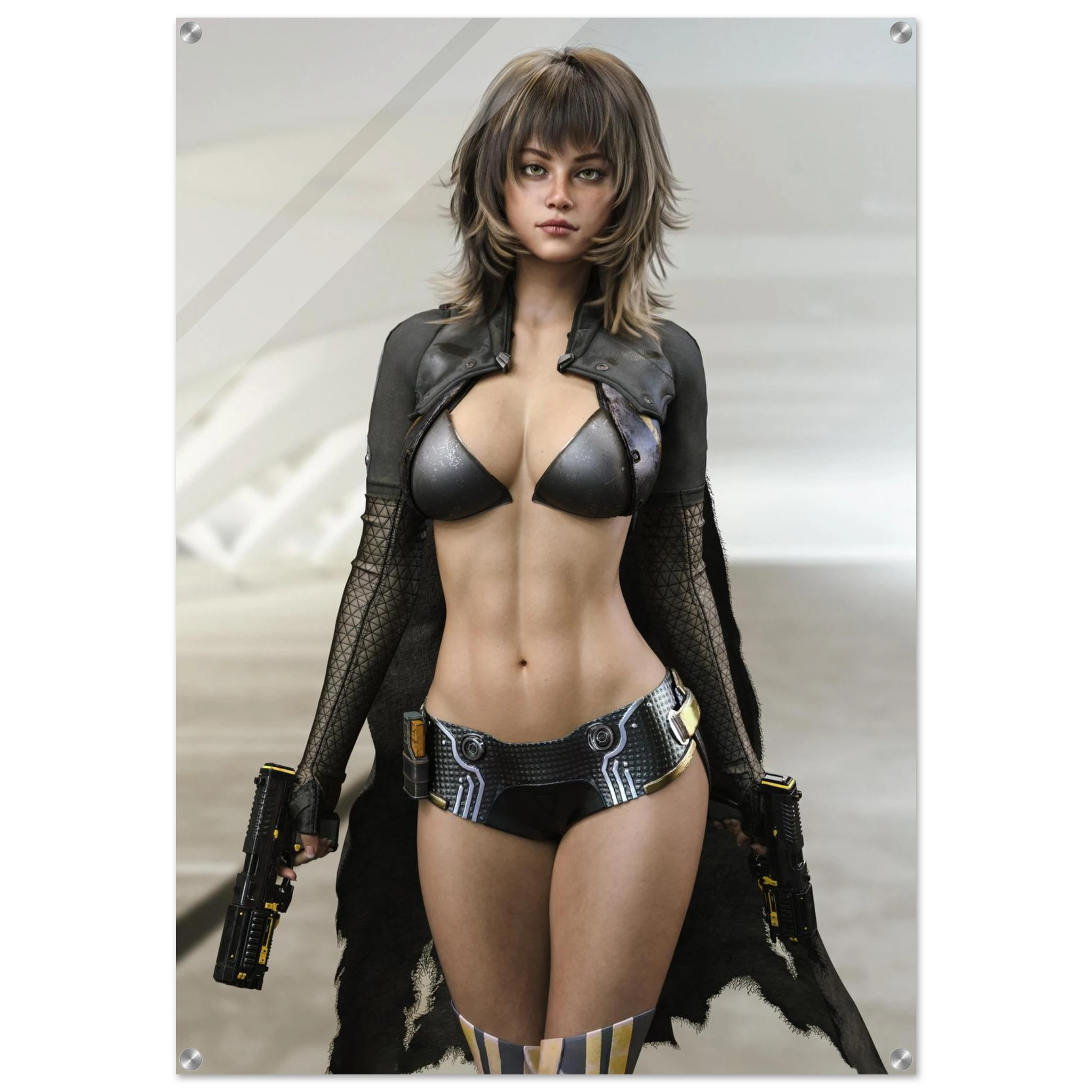 A vertical poster or wall art print featuring a stylized portrait of a woman in futuristic black cyberpunk-style lingerie and a dark open jacket, holding two gun-like props. The print is shown against a light gray background with subtle corner hardware details.