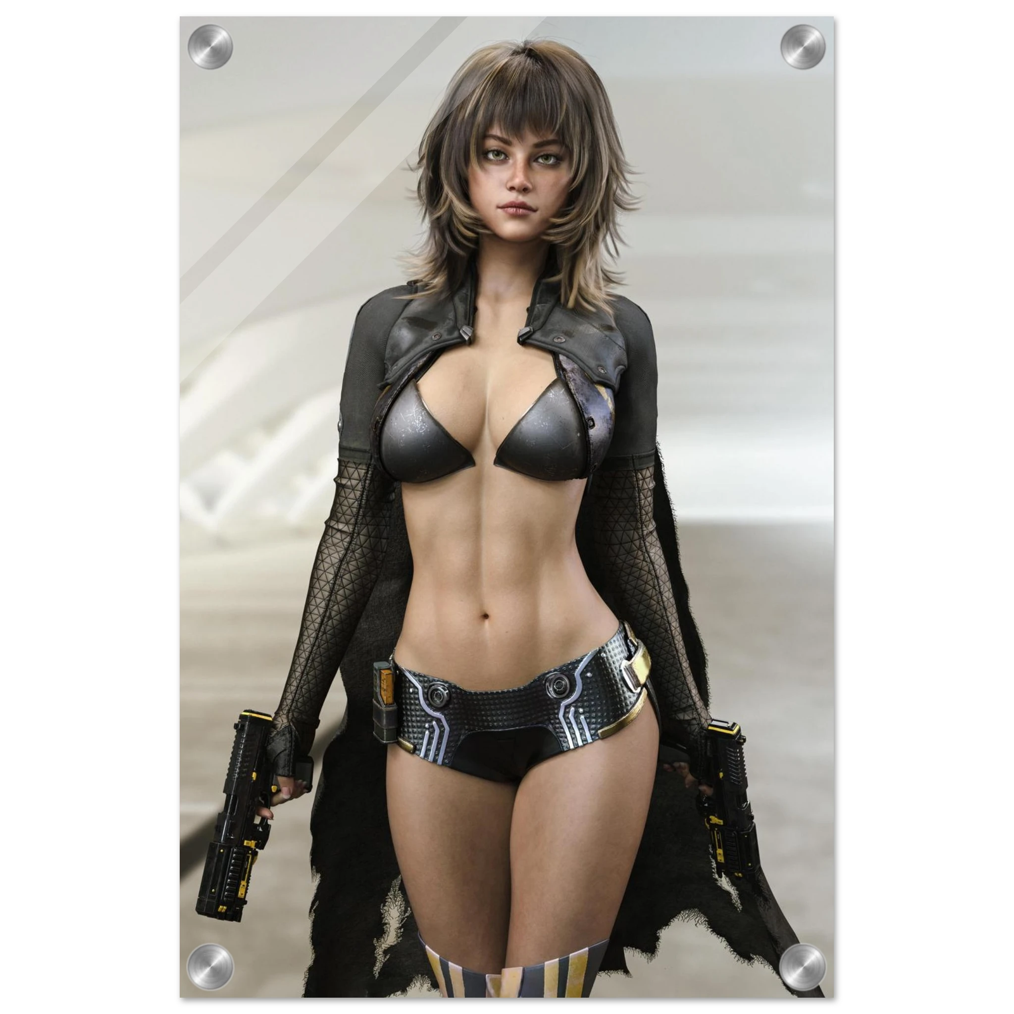 A vertical poster or print featuring a stylized portrait of a woman in futuristic black lingerie and a dark open jacket, with metallic hardware visible at the corners, shown against a light gray background.