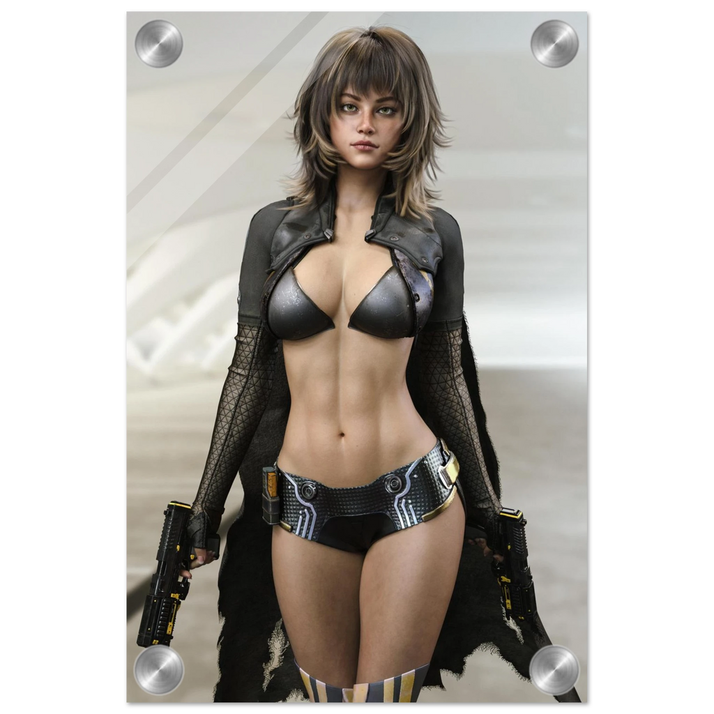 A vertical wall art print featuring a futuristic woman in black metallic lingerie and a dark open jacket, posed against a pale sci-fi background. The print is shown with rounded corners and silver metal mounting hardware visible at the corners.