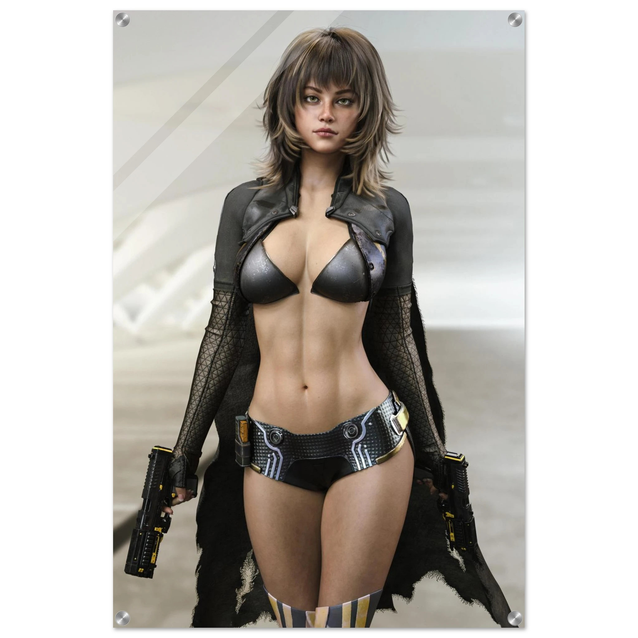 A vertical poster or print featuring a stylized portrait of a woman in futuristic black lingerie and a dark open jacket, holding two gun-like props, set against a light gray background with a thin black border.