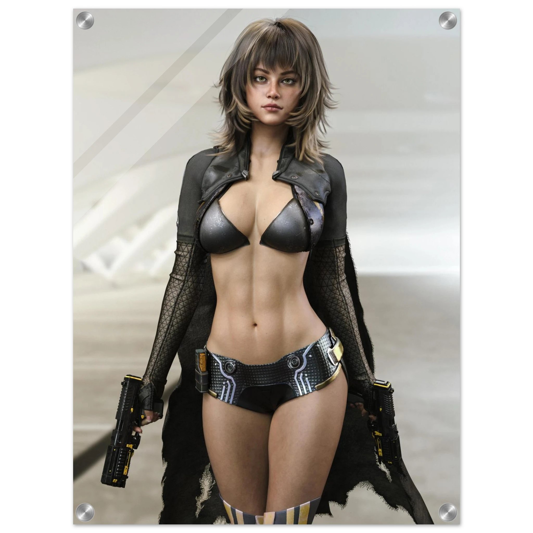 A vertical wall art print featuring a stylized portrait of a woman in a futuristic black leather and mesh outfit, shown with four silver corner mounts on a white background.