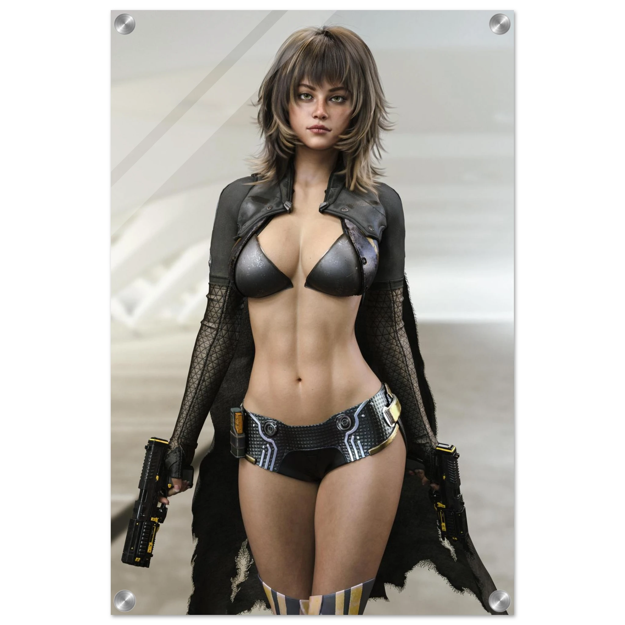 A vertical wall art print or poster showing a woman in a futuristic black outfit with a metallic bra top, patterned bikini bottom, sheer black sleeves, and a dark cape, posed against a light gray sci-fi background. The print has rounded corners and visible mounting holes, suggesting a physical poster or framed print.