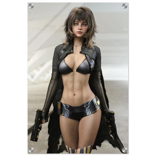 A vertical wall art print or poster showing a woman in a futuristic black outfit with a metallic bra top, patterned bikini bottom, sheer black sleeves, and a dark cape, posed against a light gray sci-fi background. The print has rounded corners and visible mounting holes, suggesting a physical poster or framed print.