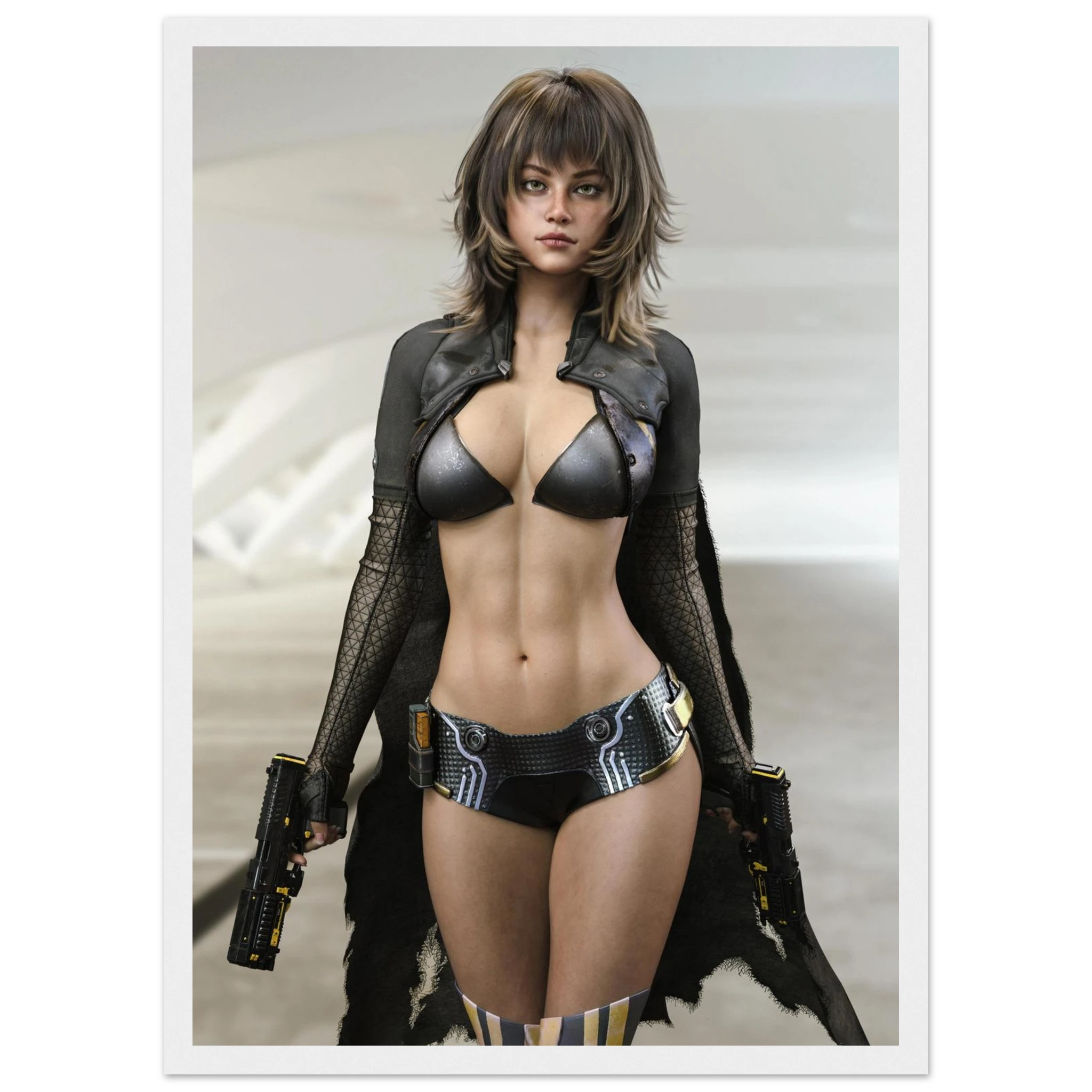 A vertical art print featuring a stylized portrait of a woman in futuristic black and silver cyberpunk-style bodysuit and jacket, holding two black futuristic pistols, set against a light gray background with a white border.