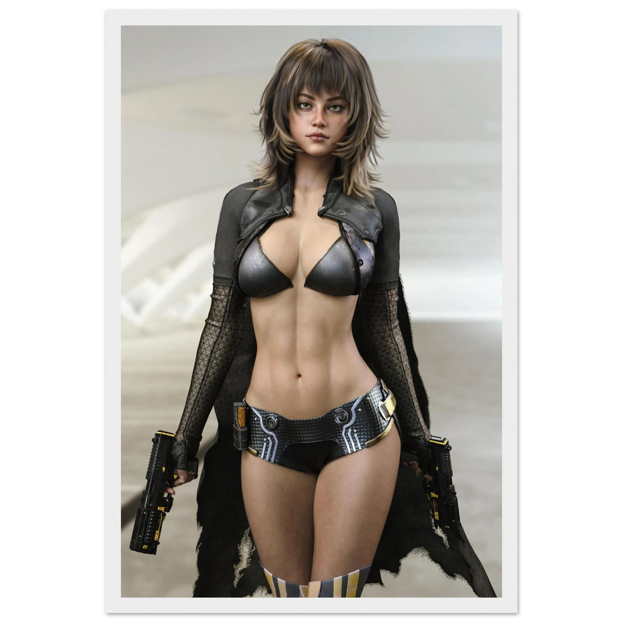 A vertical art print featuring a stylized portrait of a woman in a futuristic black leather and metallic bikini outfit, holding two pistols, with a white border around the print.