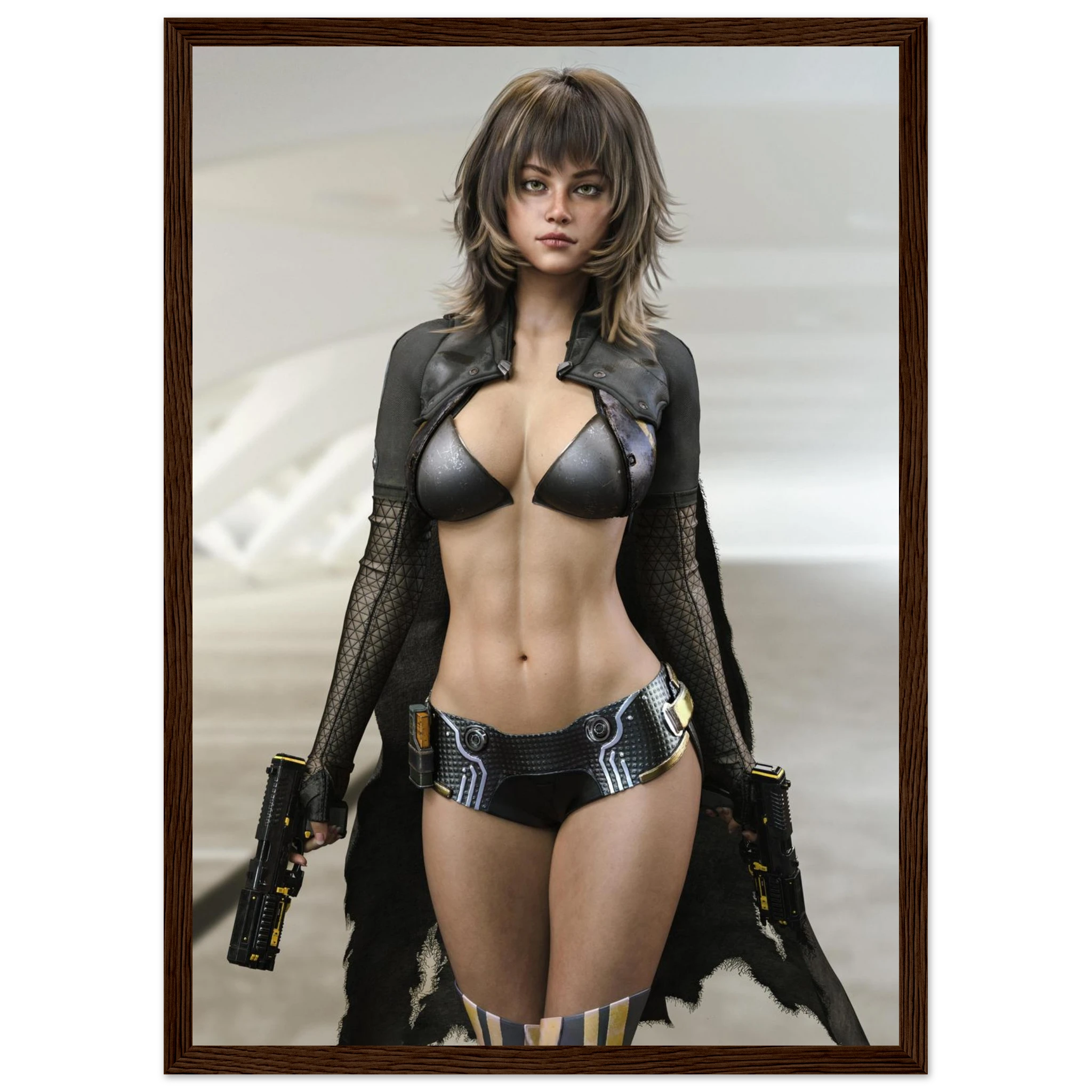 A framed art print featuring a stylized portrait of a woman in futuristic black and silver cyberpunk-style attire, holding two pistols, set within a dark brown wooden frame.