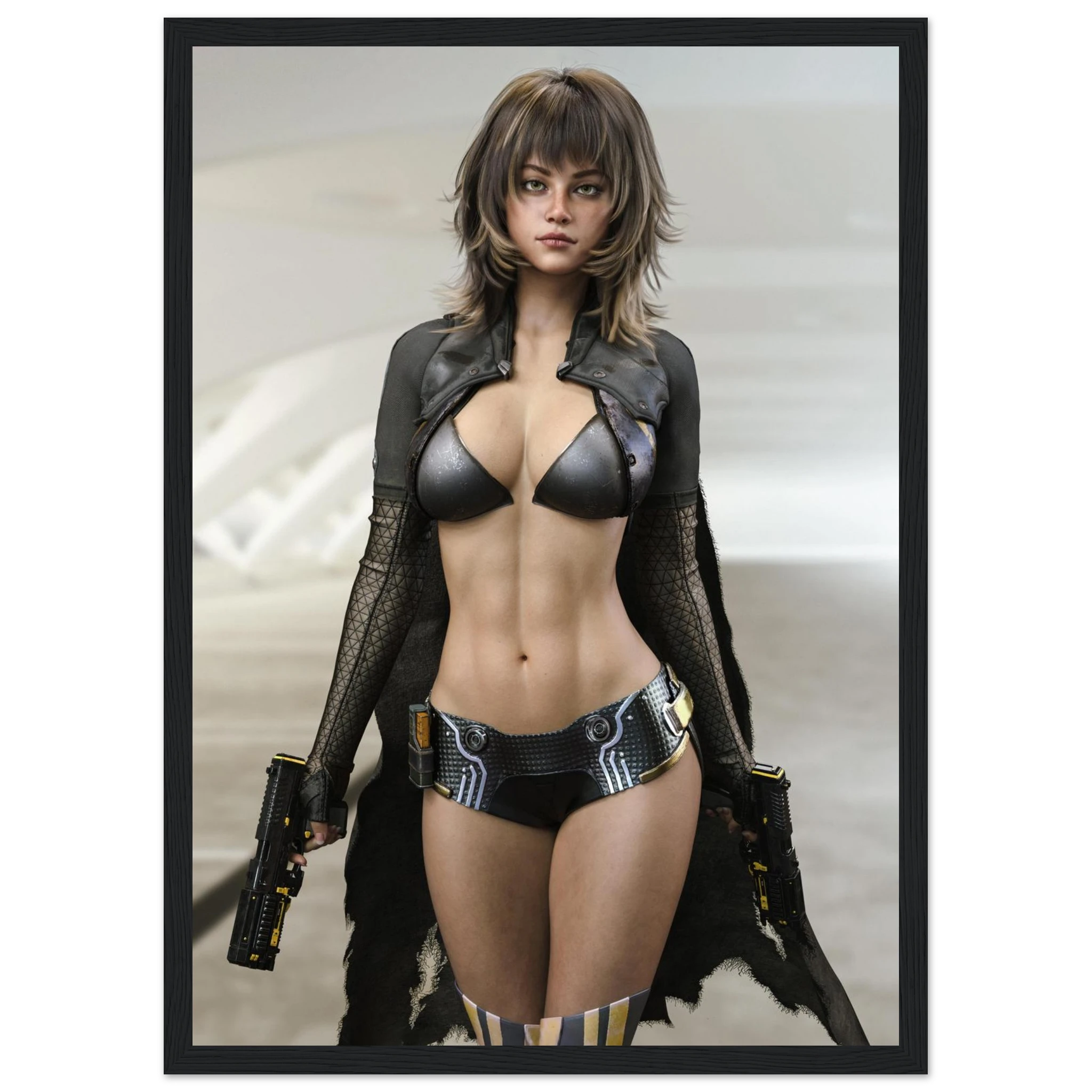 A framed art print featuring a stylized portrait of a woman in futuristic black and silver cyberpunk attire, holding two blasters, set against a light gray background with a black frame.