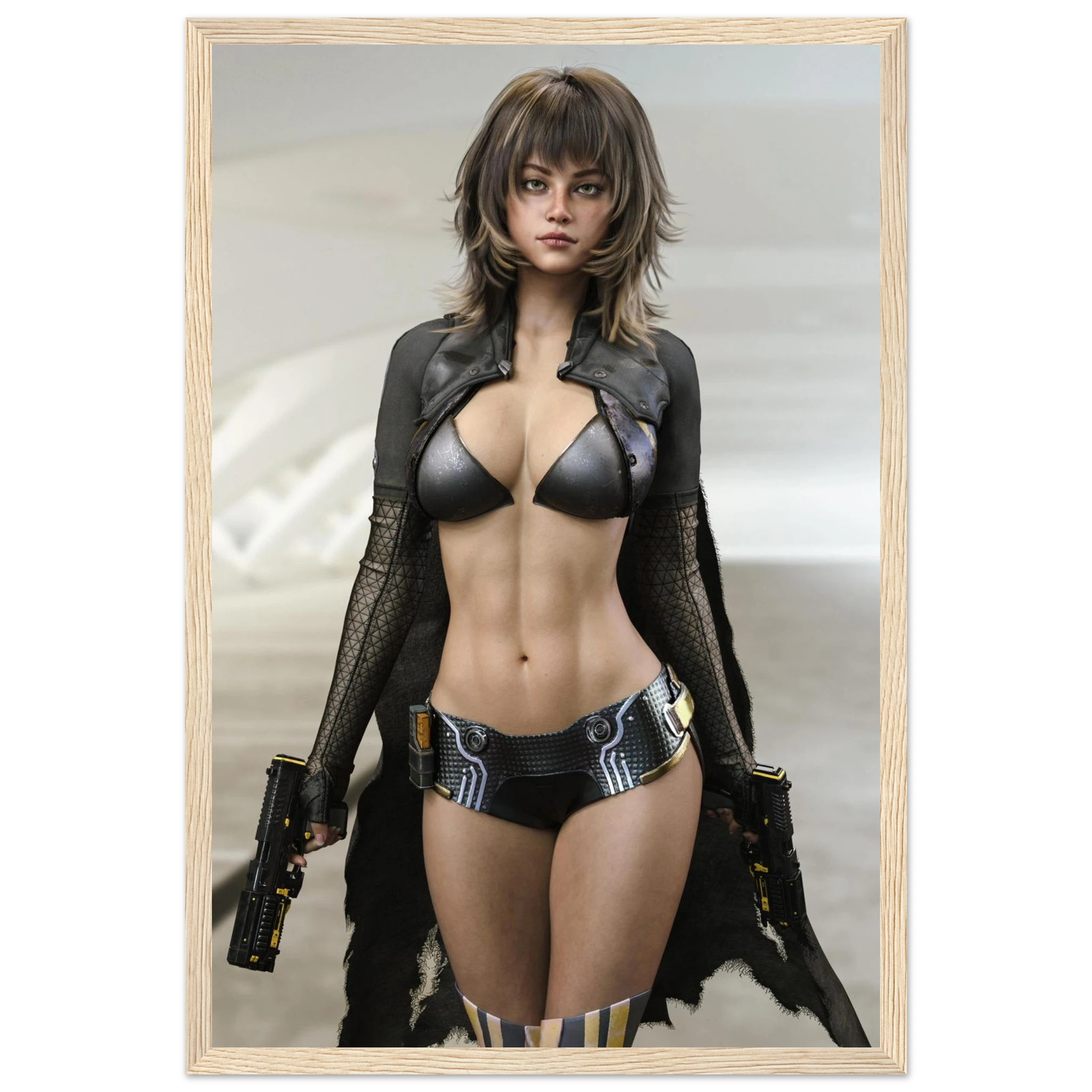 A framed art print featuring a stylized portrait of a woman in futuristic black lingerie and a sheer black jacket, holding two pistols, set against a light gray background with a light wood frame.