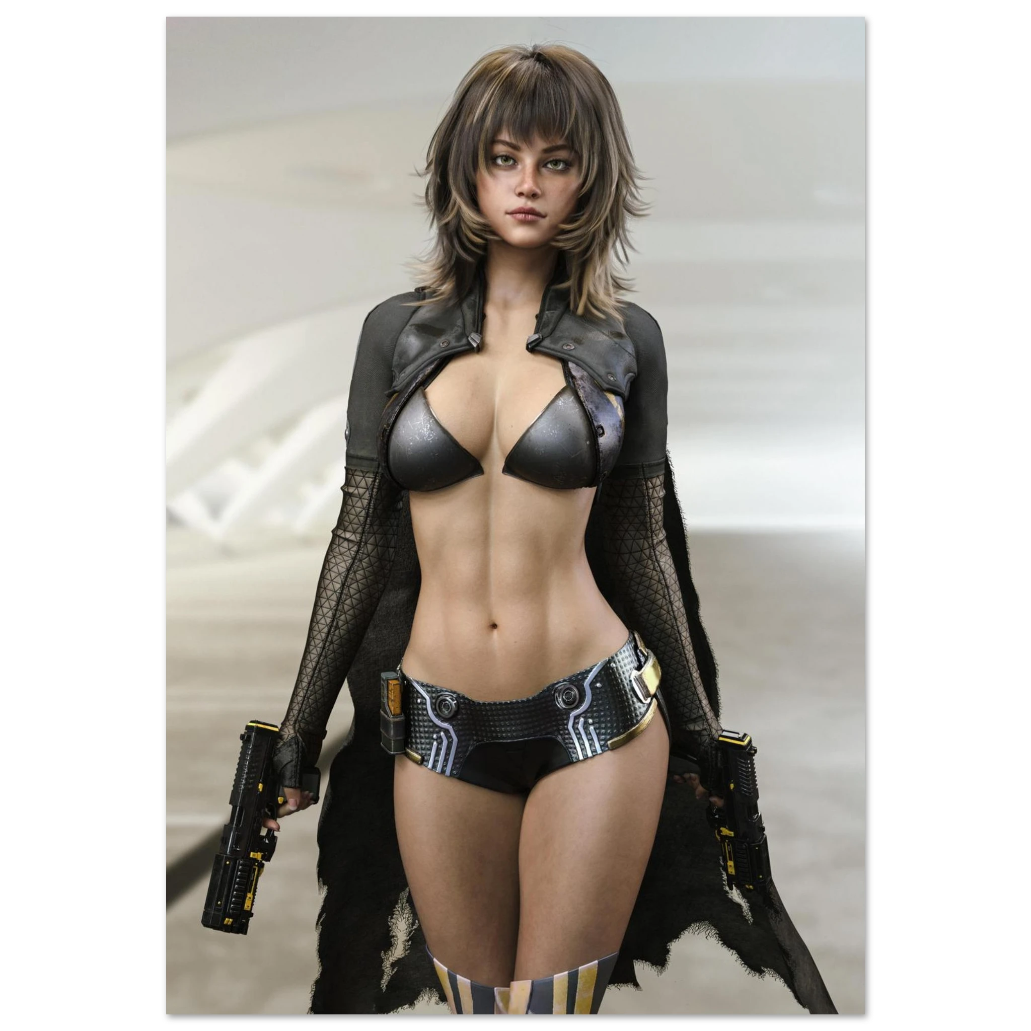 Handcrafted science fiction artwork featuring an elite female shock trooper standing confidently with dual futuristic pistols in a sleek, minimalist futuristic environment. She wears advanced tactical armor with cyber-inspired detailing, armored gauntlets, and high-tech combat gear that blends military realism with futuristic design. The clean architectural backdrop, dramatic cinematic lighting, and highly detailed textures emphasize her role as a skilled special operations soldier prepared for high-risk mi