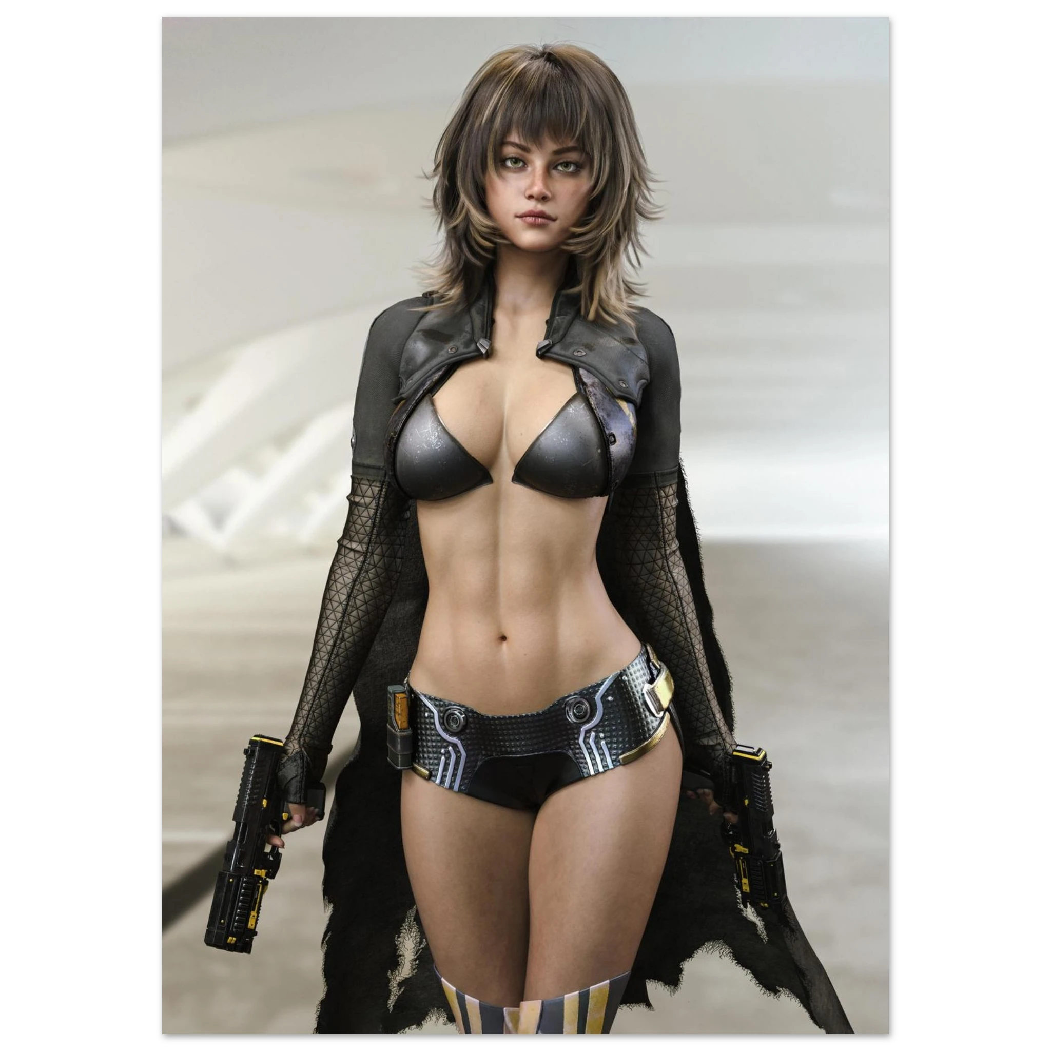 Handcrafted science fiction artwork featuring an elite female shock trooper standing confidently with dual futuristic pistols in a sleek, minimalist futuristic environment. She wears advanced tactical armor with cyber-inspired detailing, armored gauntlets, and high-tech combat gear that blends military realism with futuristic design. The clean architectural backdrop, dramatic cinematic lighting, and highly detailed textures emphasize her role as a skilled special operations soldier prepared for high-risk mi