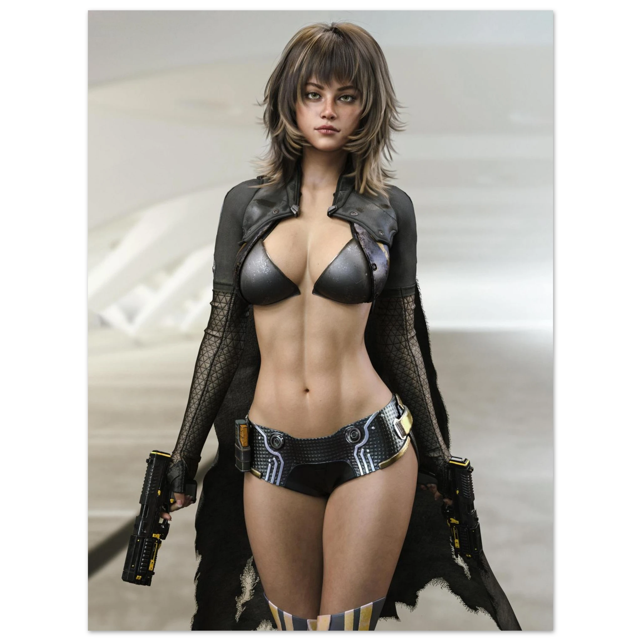 Handcrafted science fiction artwork featuring an elite female shock trooper standing confidently with dual futuristic pistols in a sleek, minimalist futuristic environment. She wears advanced tactical armor with cyber-inspired detailing, armored gauntlets, and high-tech combat gear that blends military realism with futuristic design. The clean architectural backdrop, dramatic cinematic lighting, and highly detailed textures emphasize her role as a skilled special operations soldier prepared for high-risk mi