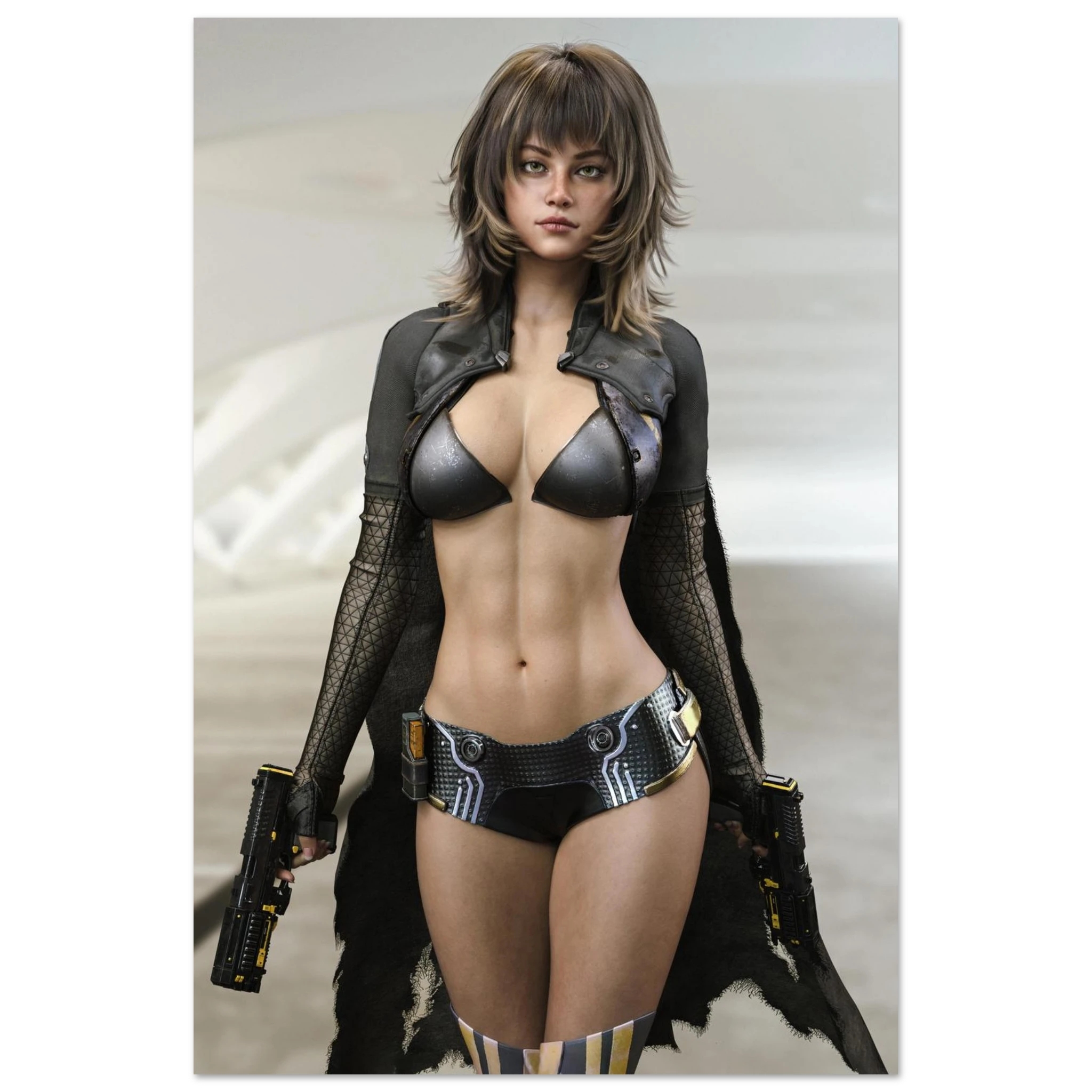 A woman modeling a futuristic black cyberpunk-style lingerie set with a metallic bra, matching shorts, a harness-style top, and thigh-high striped socks, holding two toy blasters against a soft gray futuristic background.