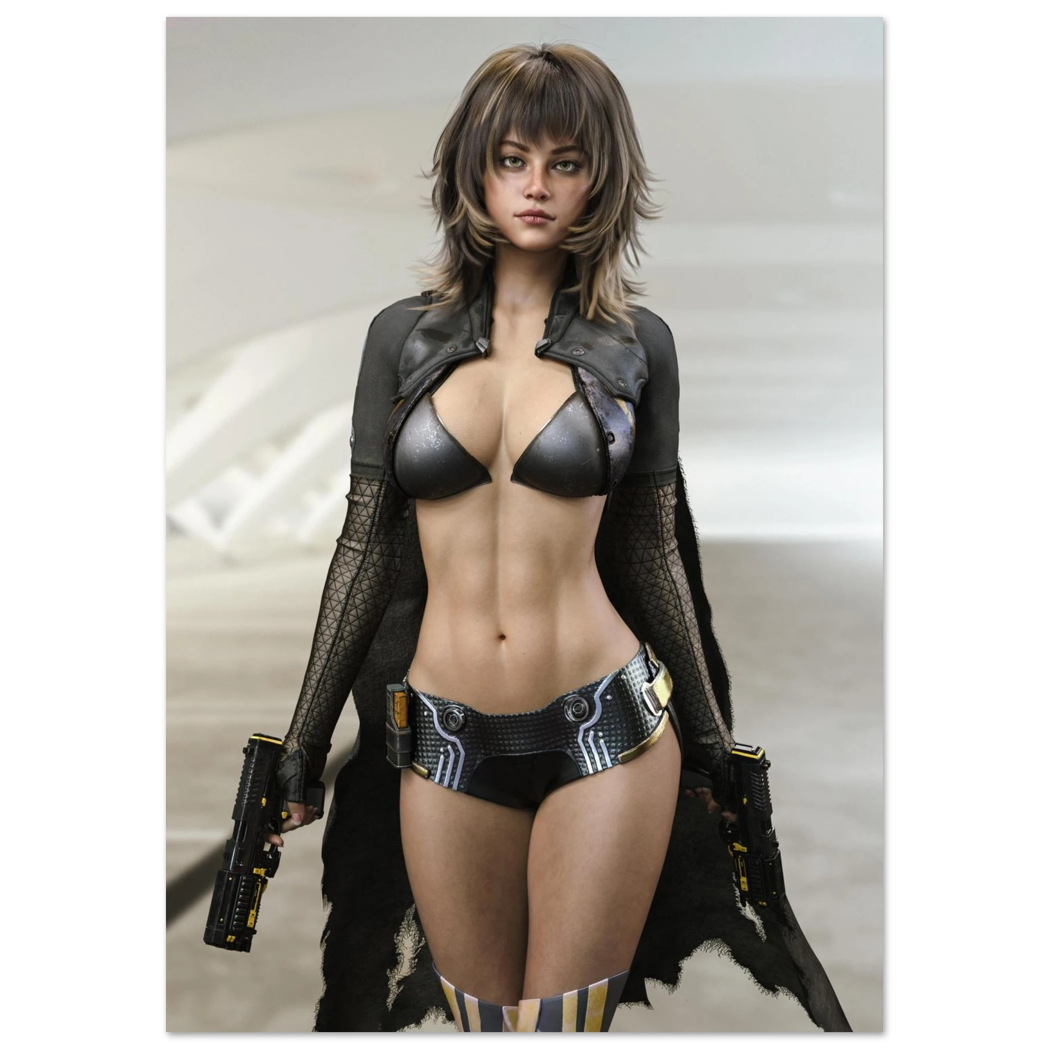 A woman stands centered in a futuristic studio setting wearing a black metallic bra top, matching black bikini-style bottoms with a patterned waistband, sheer black mesh sleeves, and a dark fringed outer layer. She holds black futuristic pistols, and the background is a soft light gray with blurred architectural shapes.