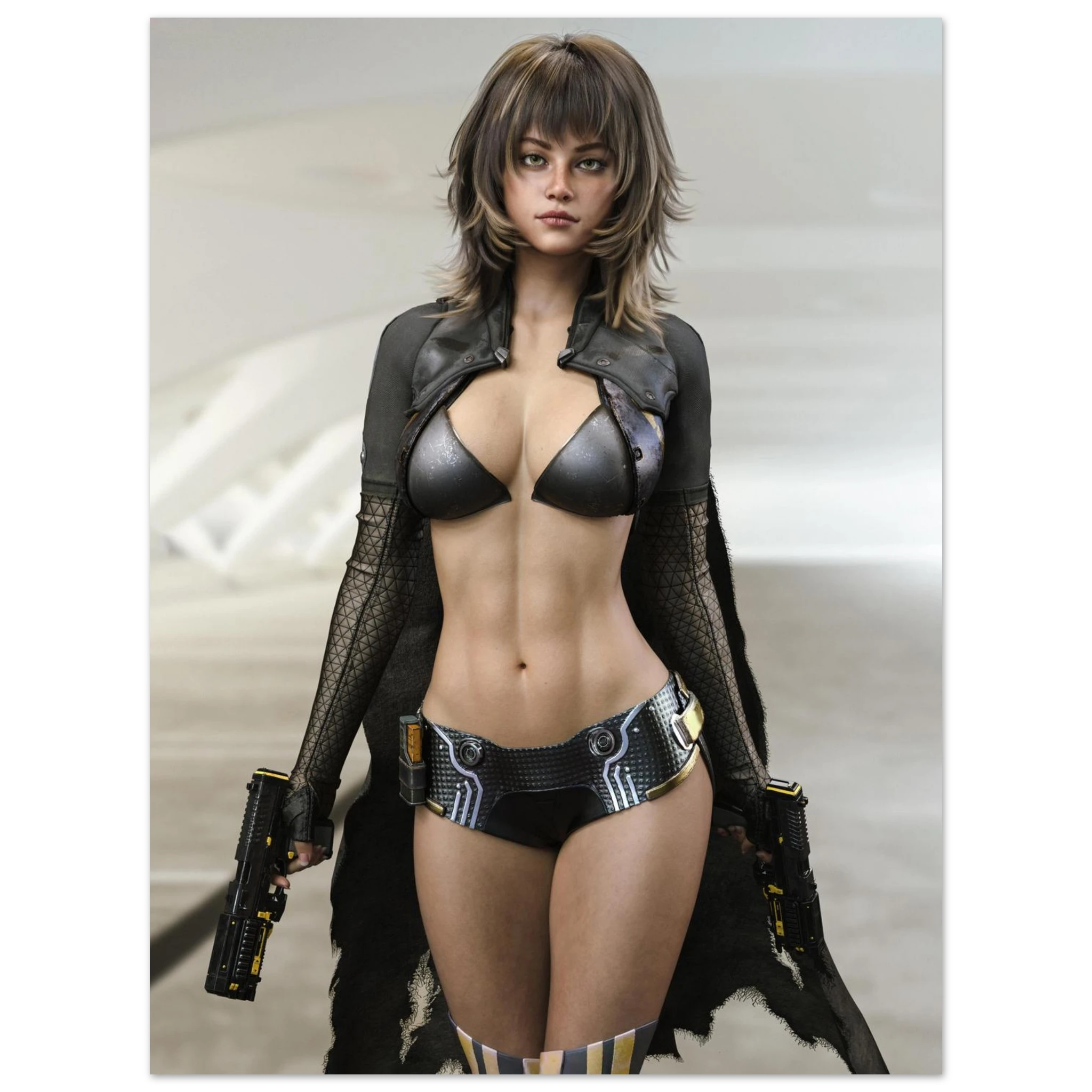 A woman modeling a futuristic black leather and mesh bodysuit with a matching black cape and tactical gloves, holding a pistol, set against a blurred light gray sci-fi background.