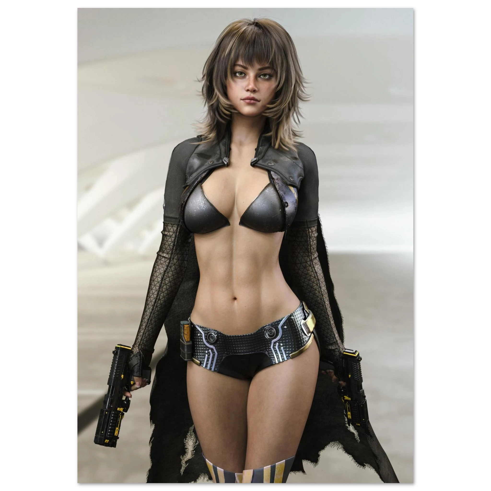 A woman modeling a futuristic black cyberpunk bodysuit with metallic accents, sheer long sleeves, and matching shorts, holding two pistol-shaped accessories, set against a soft gray futuristic background.