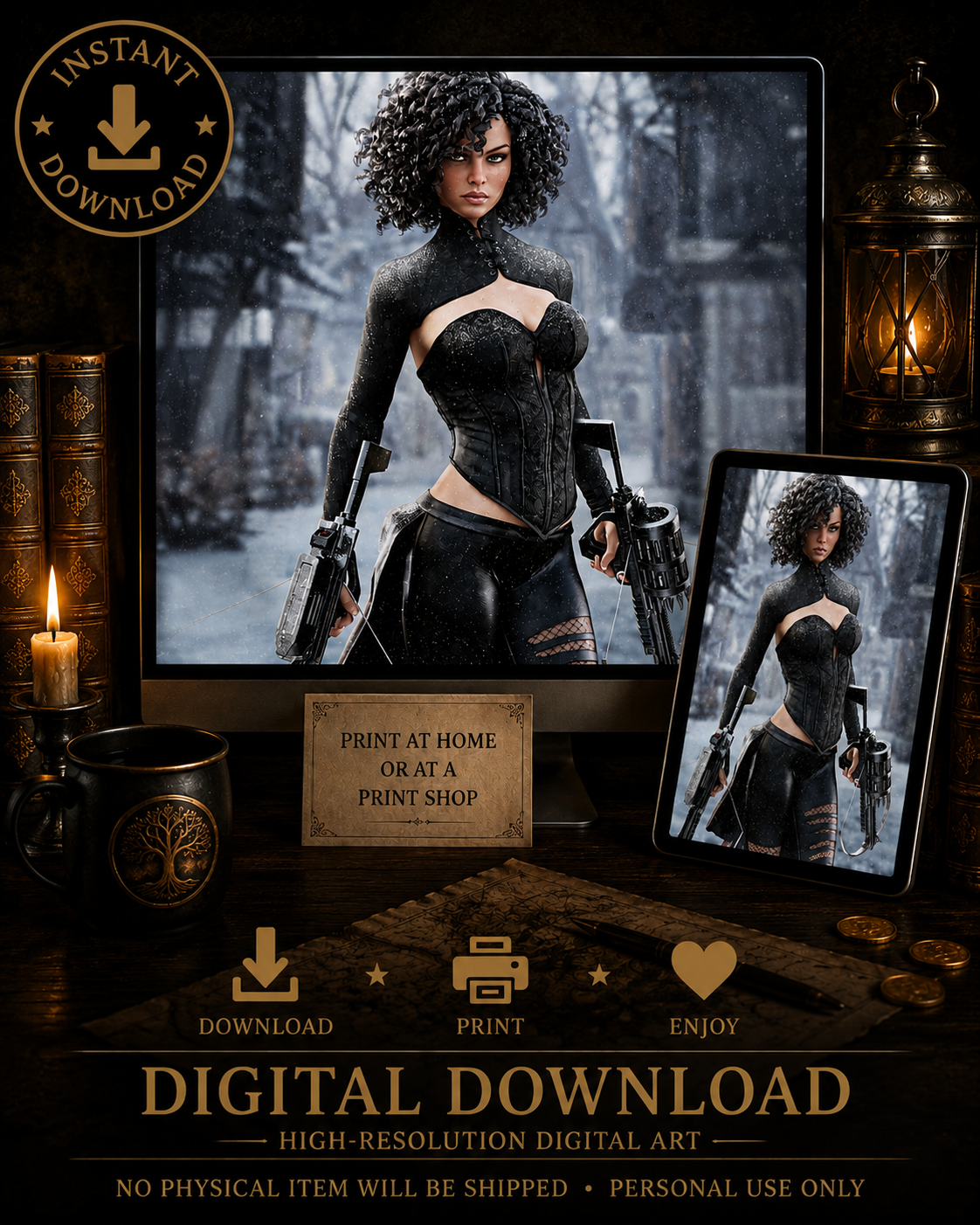 Female fantasy hunter digital art featuring a armed warrior in black clothing standing in a snowy landscape.