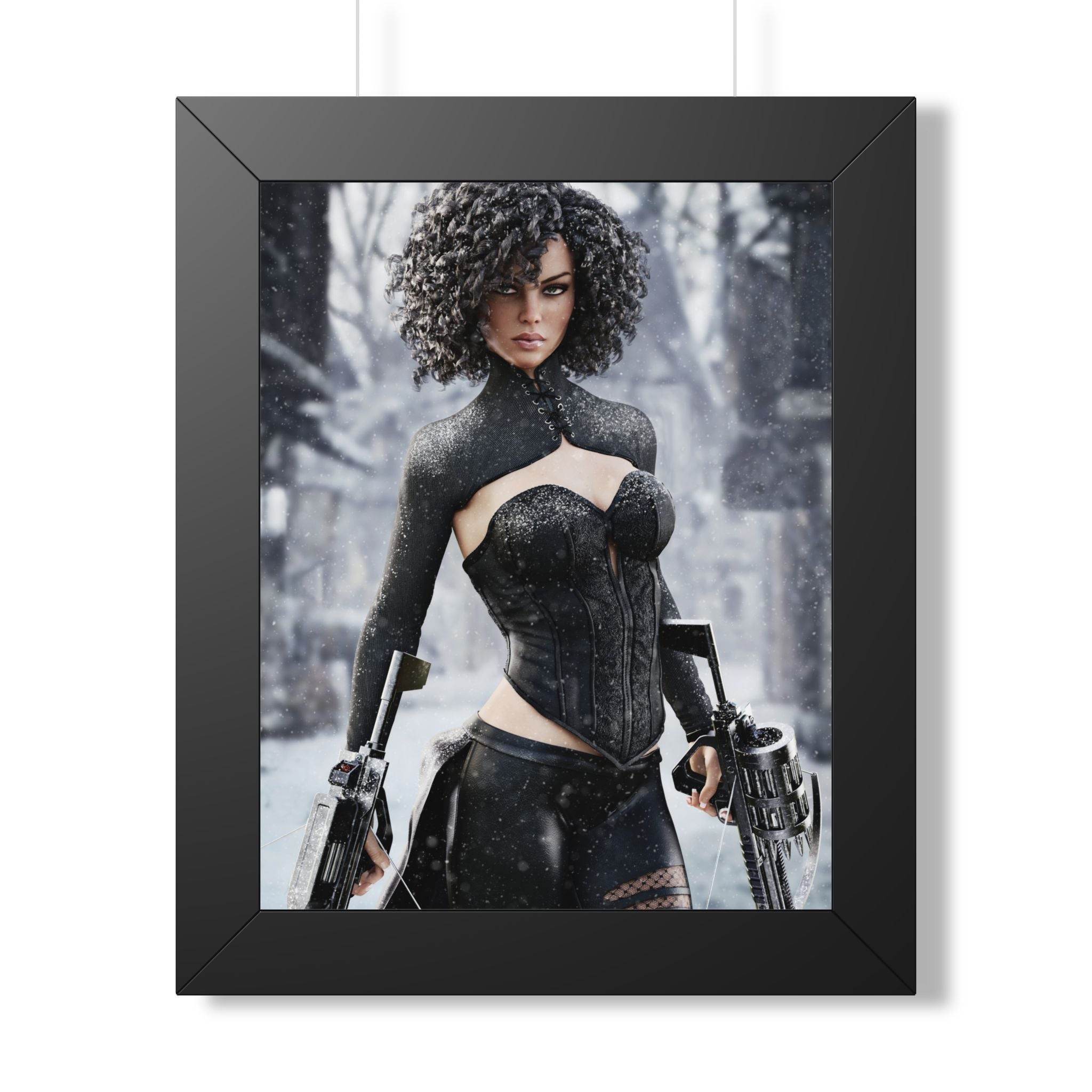 Fantasy female hunter in a snowy forest wielding futuristic crossbows, dressed in elegant black armor with falling snow and icy scenery.