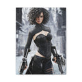 Fantasy female hunter in a snowy forest wielding futuristic crossbows, dressed in elegant black armor with falling snow and icy scenery.