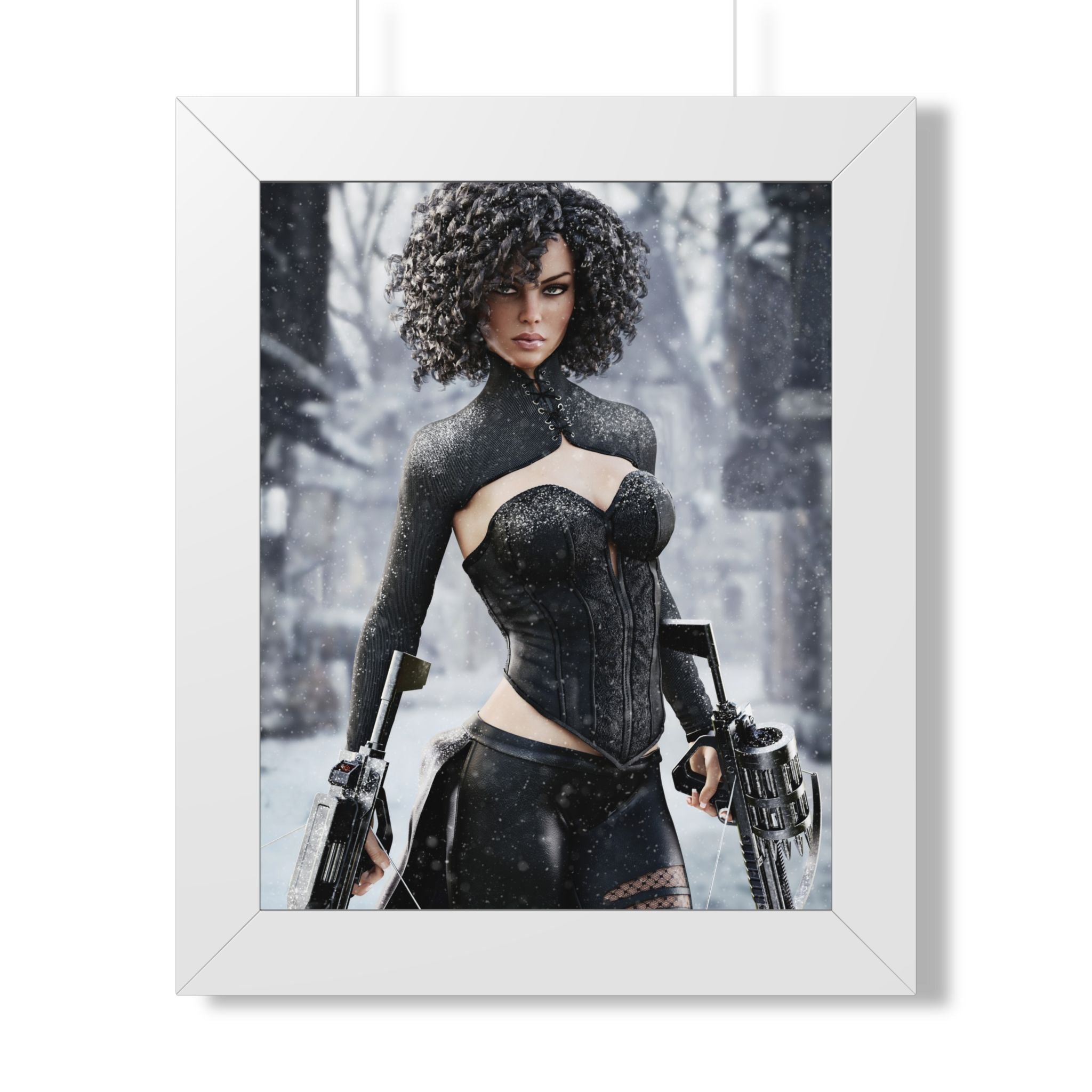 Fantasy female hunter in a snowy forest wielding futuristic crossbows, dressed in elegant black armor with falling snow and icy scenery.