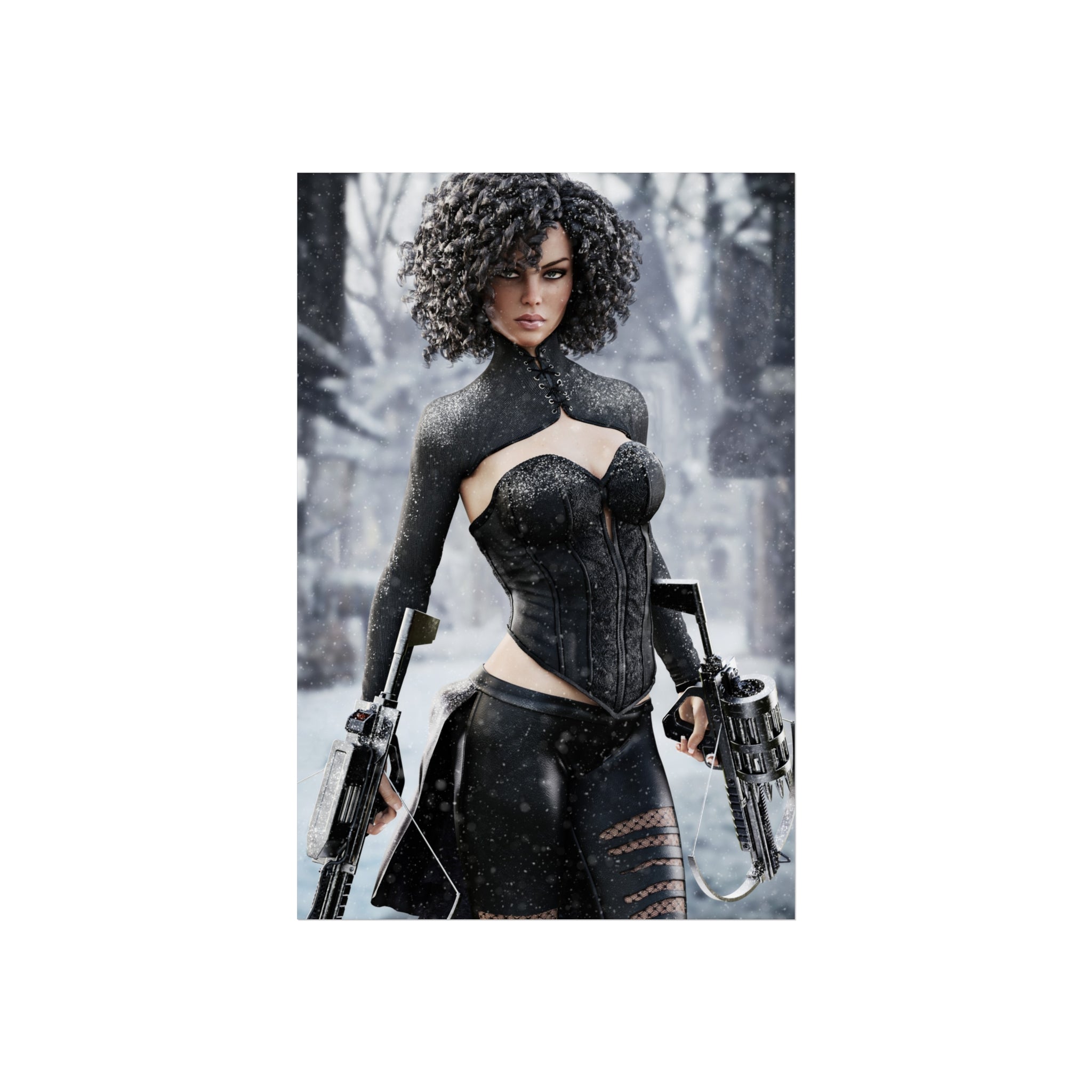 Fantasy female hunter in a snowy forest wielding futuristic crossbows, dressed in elegant black armor with falling snow and icy scenery.