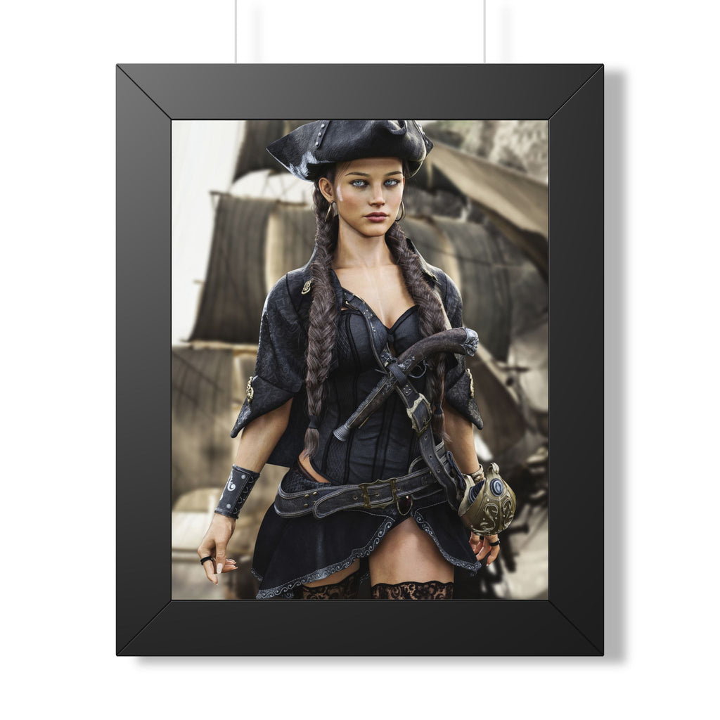 Fantasy pirate wall art featuring a beautiful female pirate captain with braided hair, tricorn hat, and elegant black attire standing before a sailing ship.