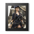 Fantasy pirate wall art featuring a beautiful female pirate captain with braided hair, tricorn hat, and elegant black attire standing before a sailing ship.