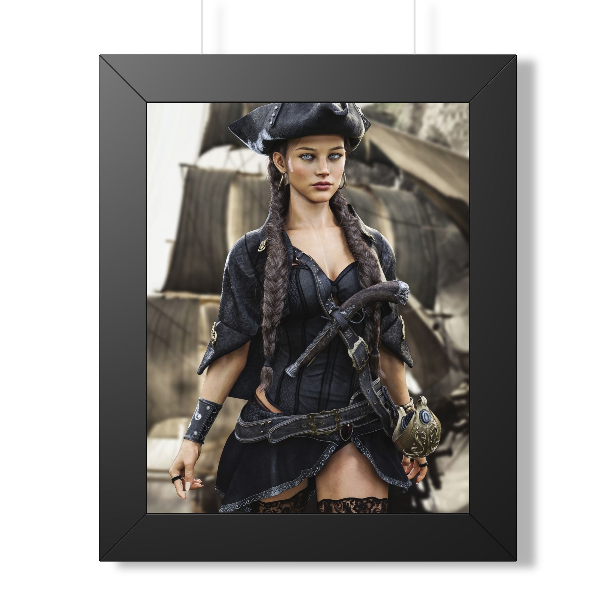 Fantasy pirate wall art featuring a beautiful female pirate captain with braided hair, tricorn hat, and elegant black attire standing before a sailing ship.