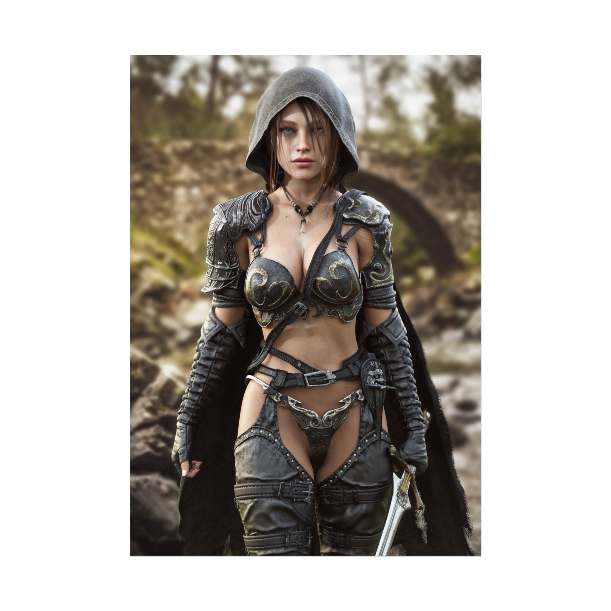 Fantasy wall art featuring a hooded female ranger in ornate armor, carrying a sword through a woodland path in a richly detailed adventure scene.