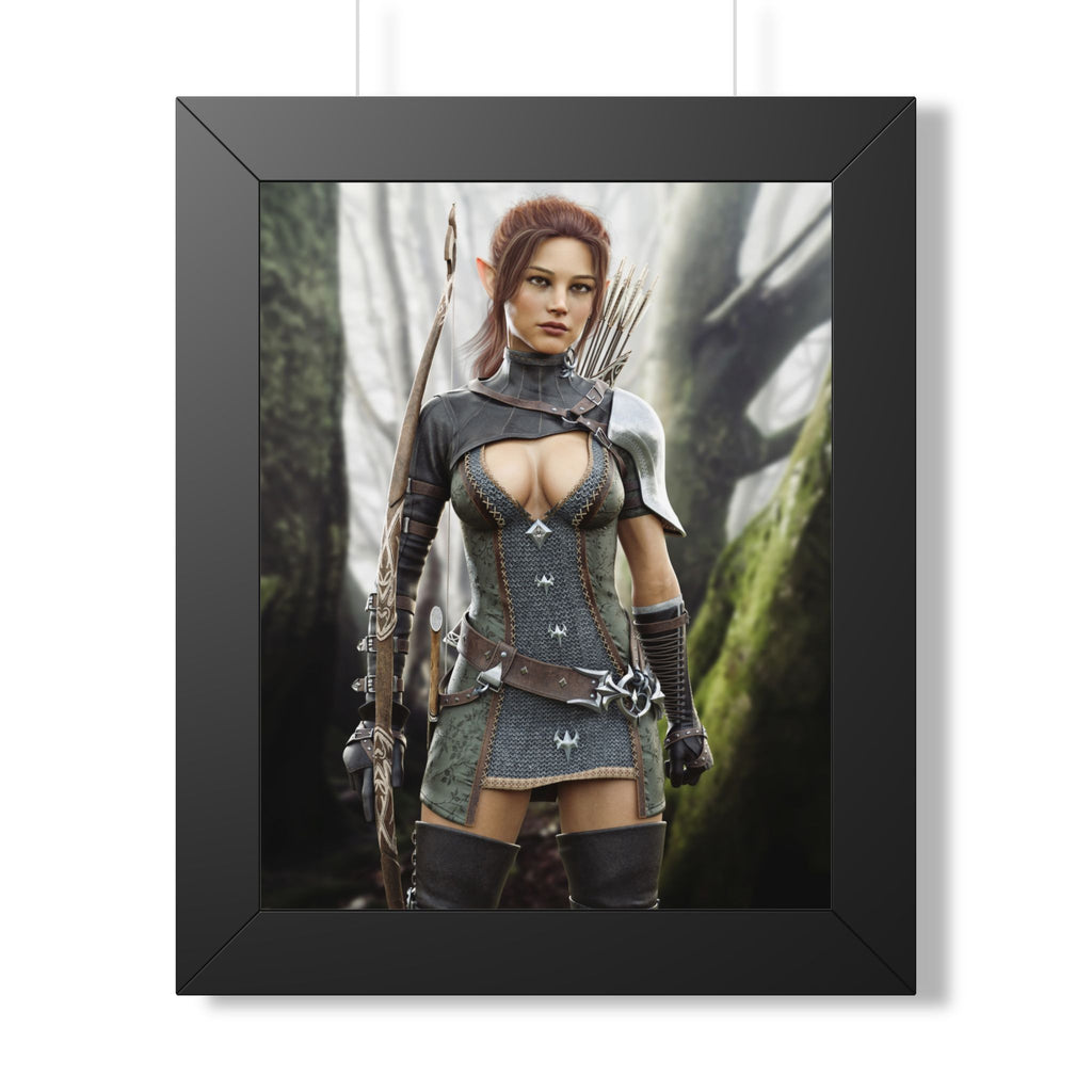 Female wood elf ranger wall art featuring a skilled archer in ornate armor, standing in a misty forest with bow, arrows, and a determined gaze.