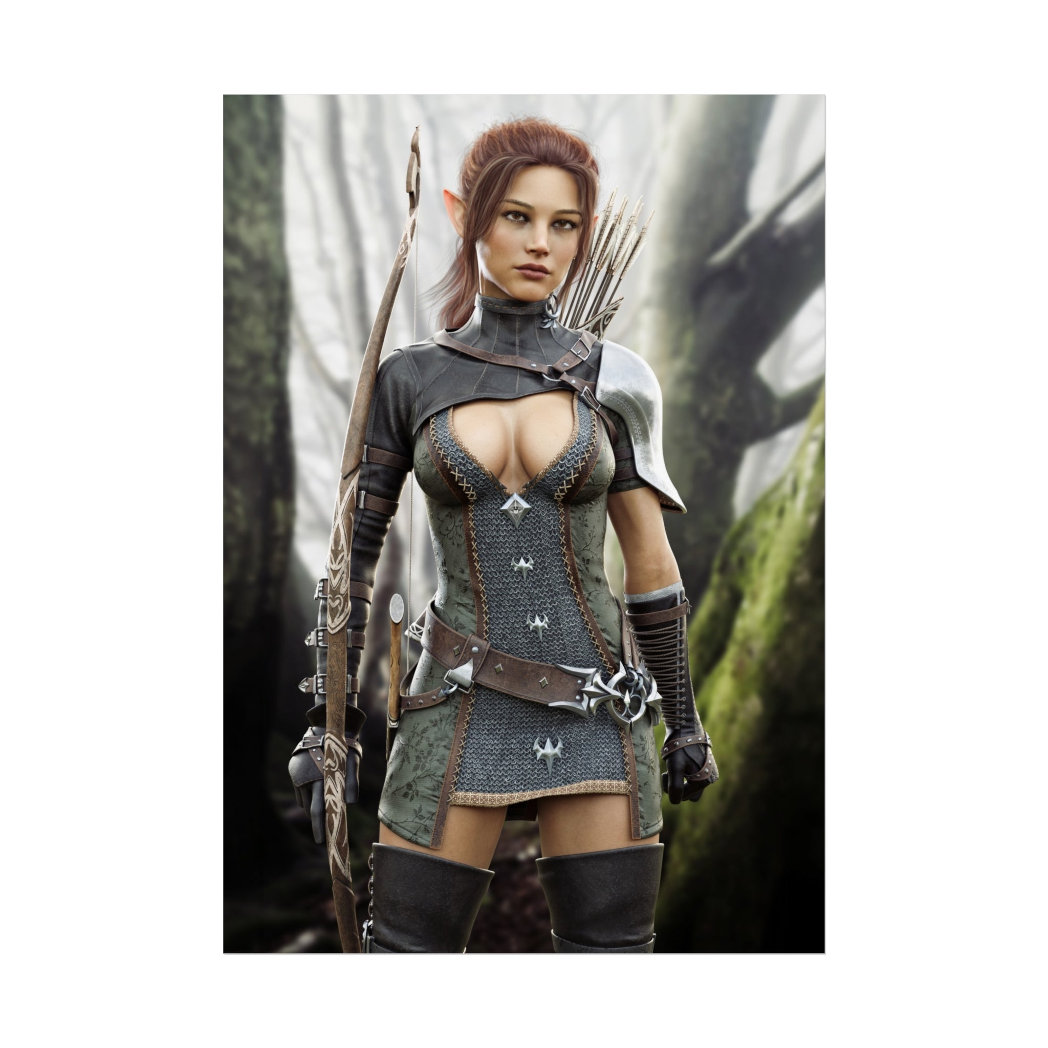 Female wood elf ranger wall art featuring a skilled archer in ornate armor, standing in a misty forest with bow, arrows, and a determined gaze.