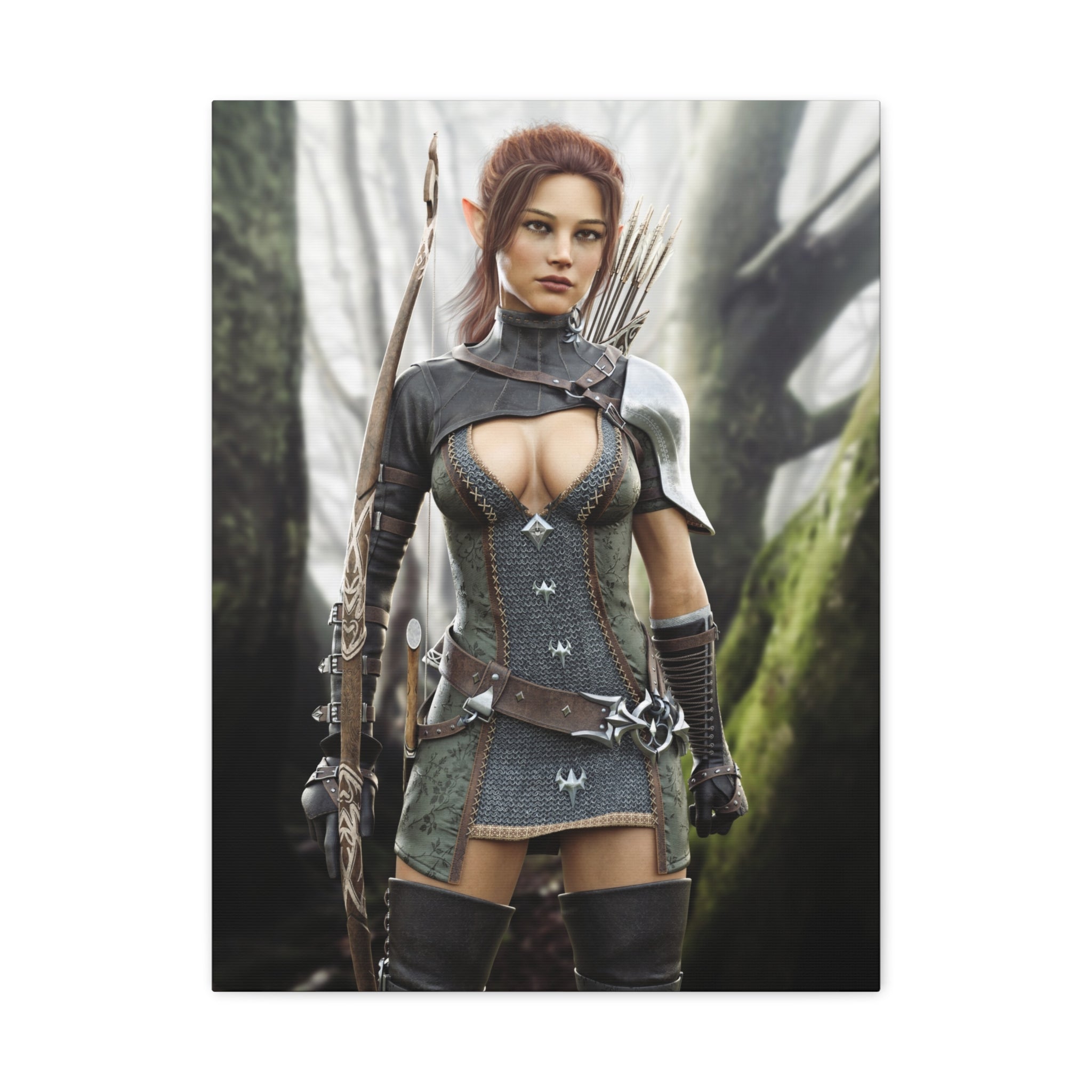 Female wood elf ranger wall art featuring a skilled archer in ornate armor, standing in a misty forest with bow, arrows, and a determined gaze.