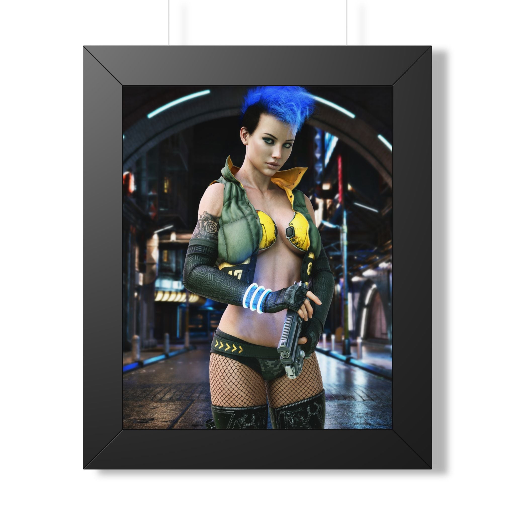 Cyberpunk female operative with a bright blue mohawk holding a futuristic pistol in a neon-lit city street, surrounded by glowing technology and sci-fi ambiance.