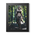 Explore fantasy wall art featuring a fearless female elf warrior with sword and bow, walking through an enchanted forest adventure.