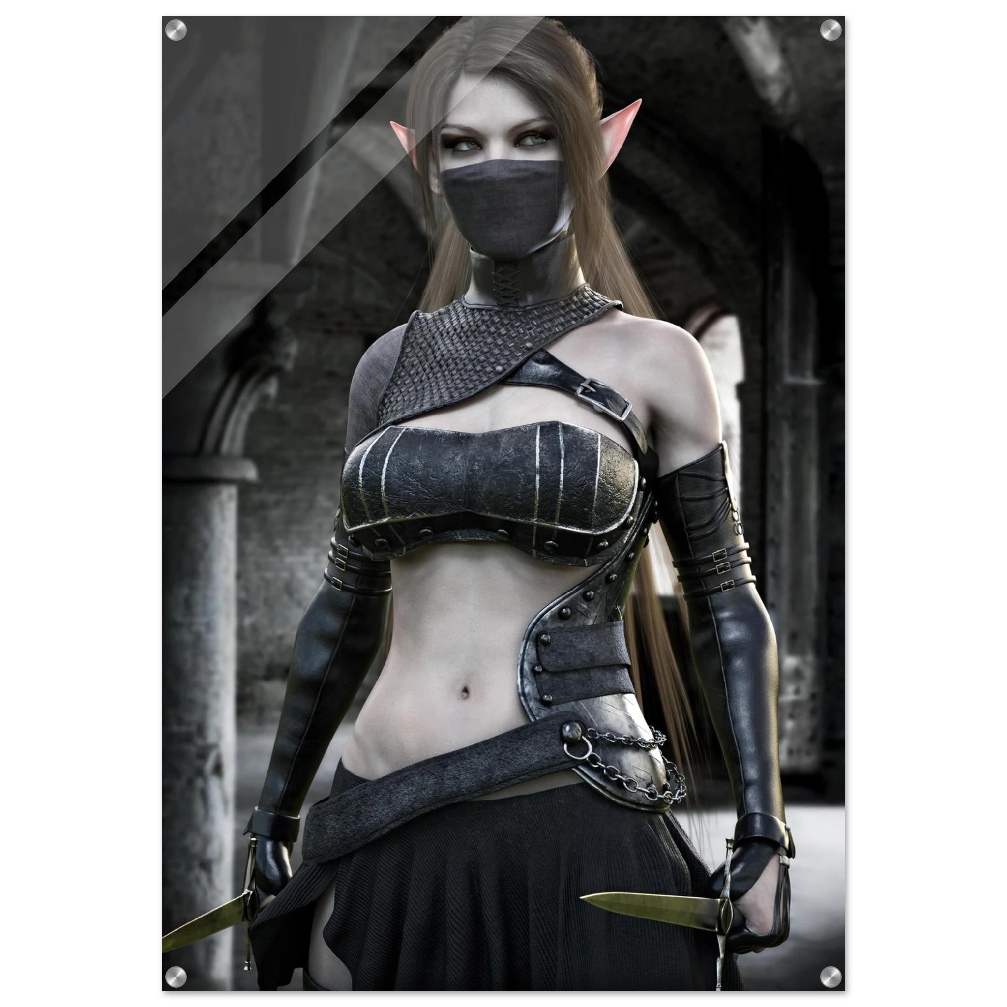 A vertical wall banner or poster featuring a fantasy elf woman in dark black and gray armor, holding a dagger, set against a dark stone archway background.