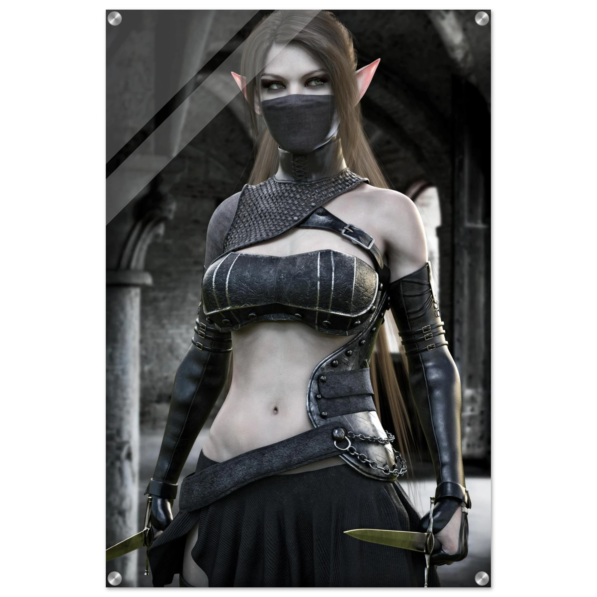 A vertical wall banner or poster featuring a fantasy elf woman in dark black and gray armor, with pointed ears, a black face mask, and a dagger, shown against a white background with metal grommets in the corners.