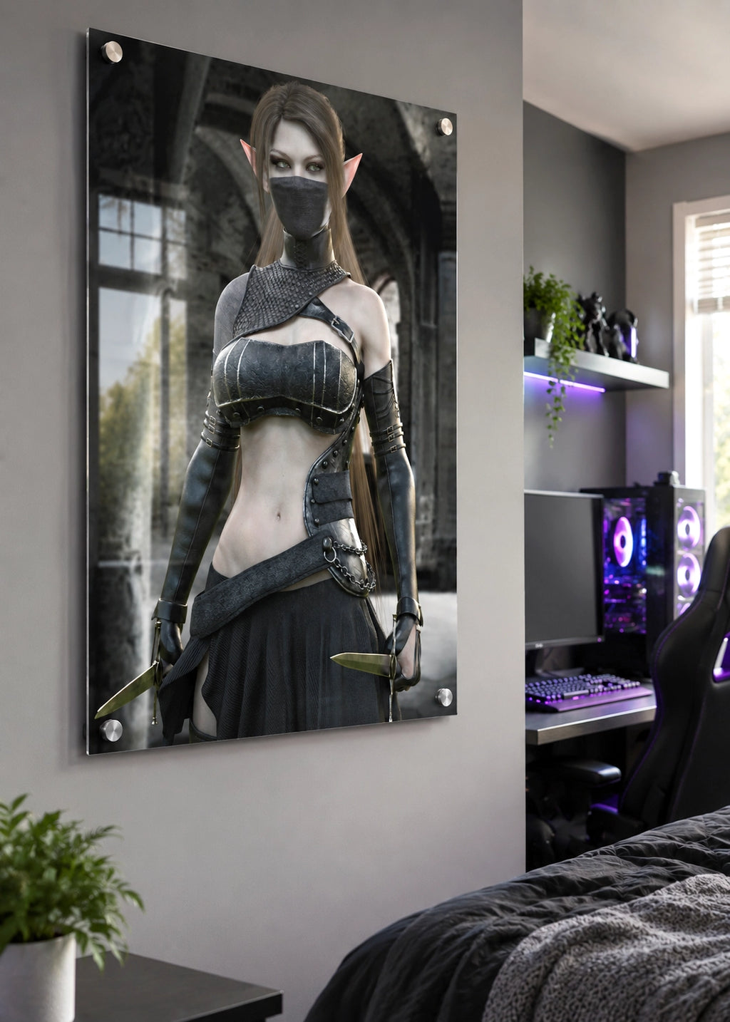 A large vertical wall art print showing a fantasy female elf character in dark armor, displayed on a bedroom wall above a bed and next to a desk setup.