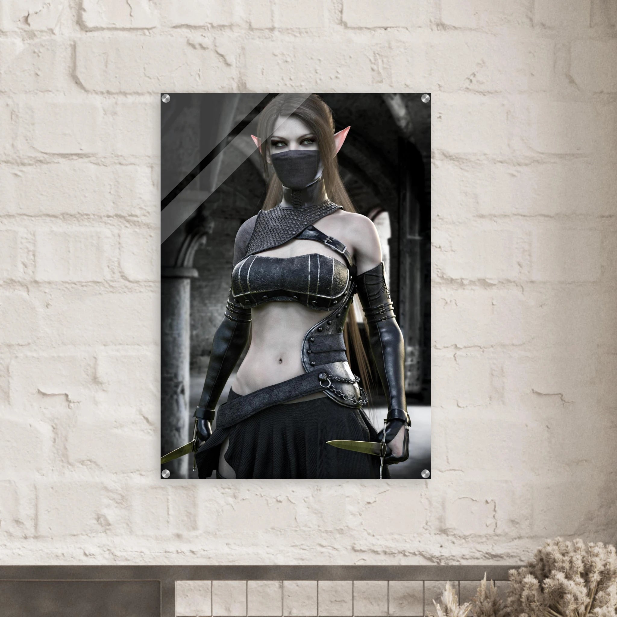 A vertical wall art print featuring a fantasy elf woman in dark armor, displayed on a white brick wall above a mantel with dried flowers.