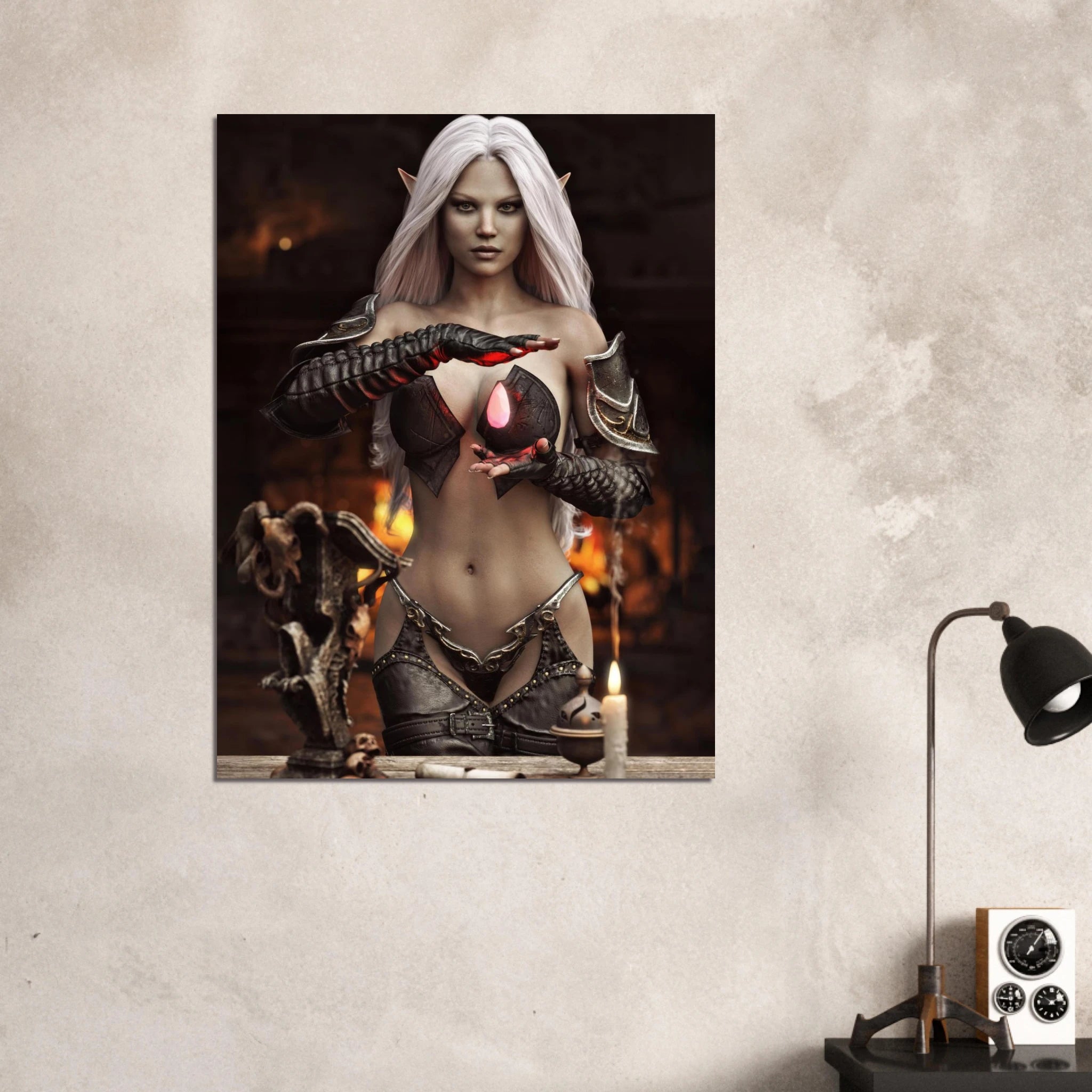 Handcrafted Dark Elf Sorceress wall art featuring a white-haired elven mage conjuring a glowing crimson crystal inside a mystical ritual chamber. Fantasy artwork perfect for gaming rooms, RPG fans, and dark fantasy décor.